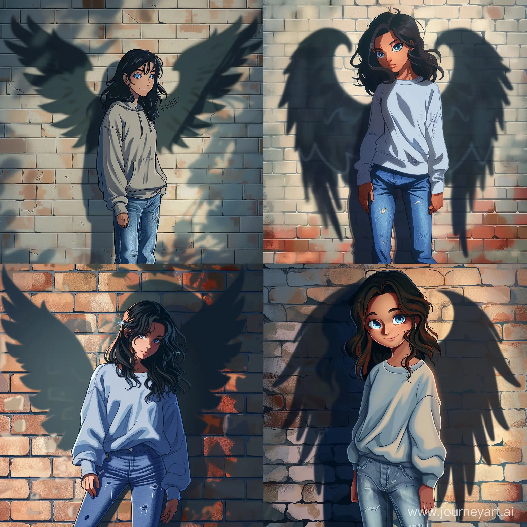 Beautiful girl, dark hair, blue eyes, white skin, teenager, 14 years old, jeans and oversize sweatshirt, shadow of wings on a brick wall behind, dark halo, high quality, high detail, cartoon art