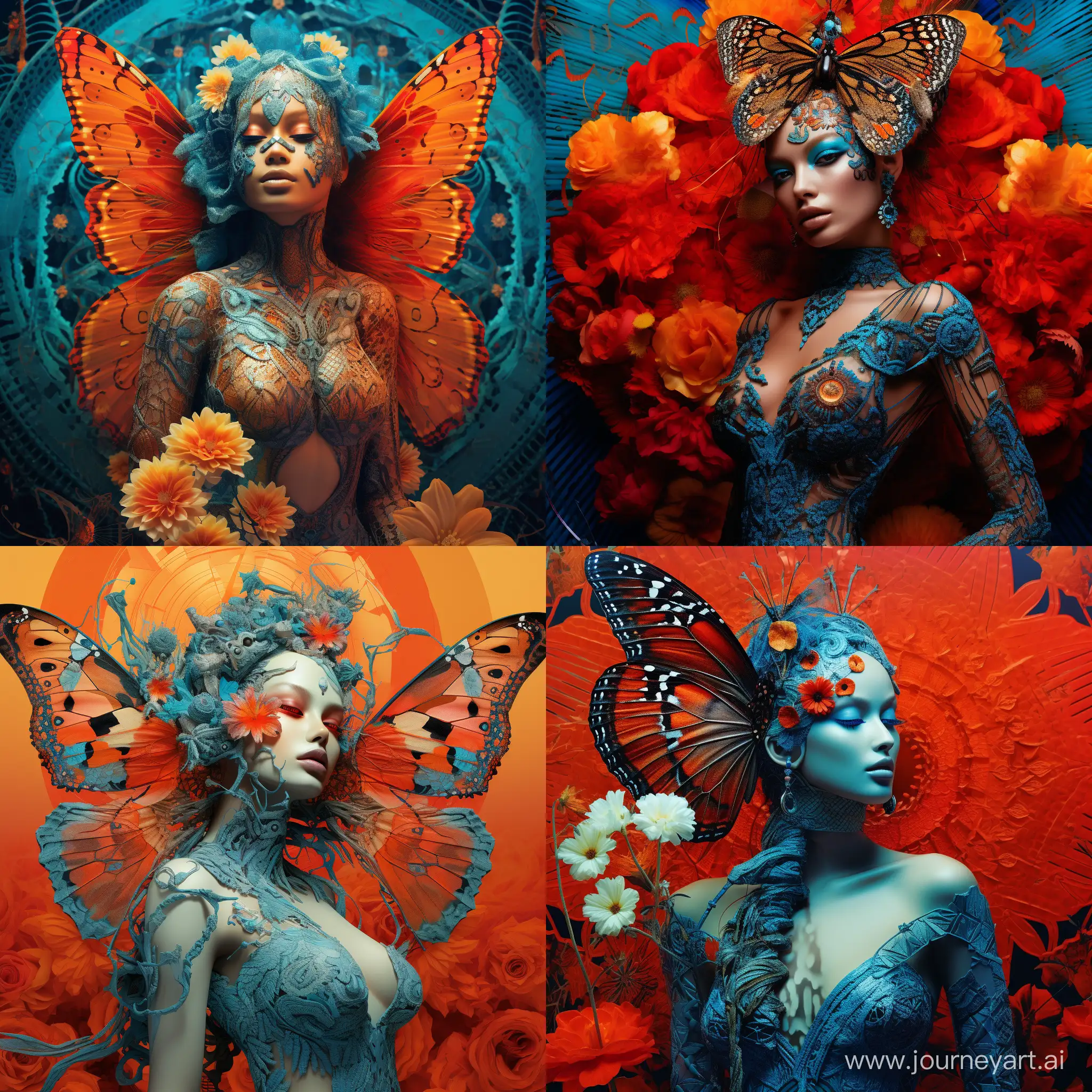 Anaglyphic, Fibonacci sequence and beauty, feminine. A beautiful butterfly lady made from intricate lace patterns sitting on a bright orange flower, surreal, dynamic composition, rich textures, blue, orange, red, turquoise