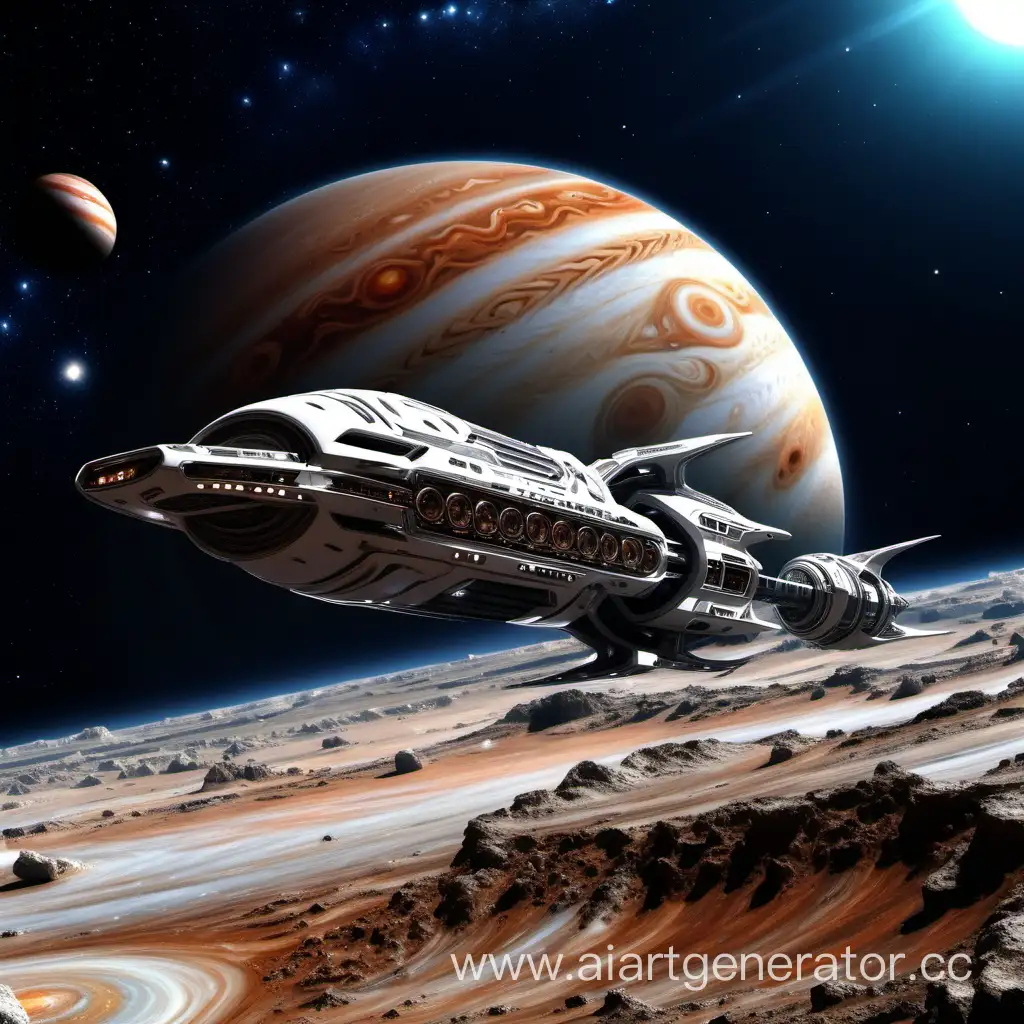 Futuristic-Spaceship-Soaring-Amidst-Jupiters-Majestic-Atmosphere