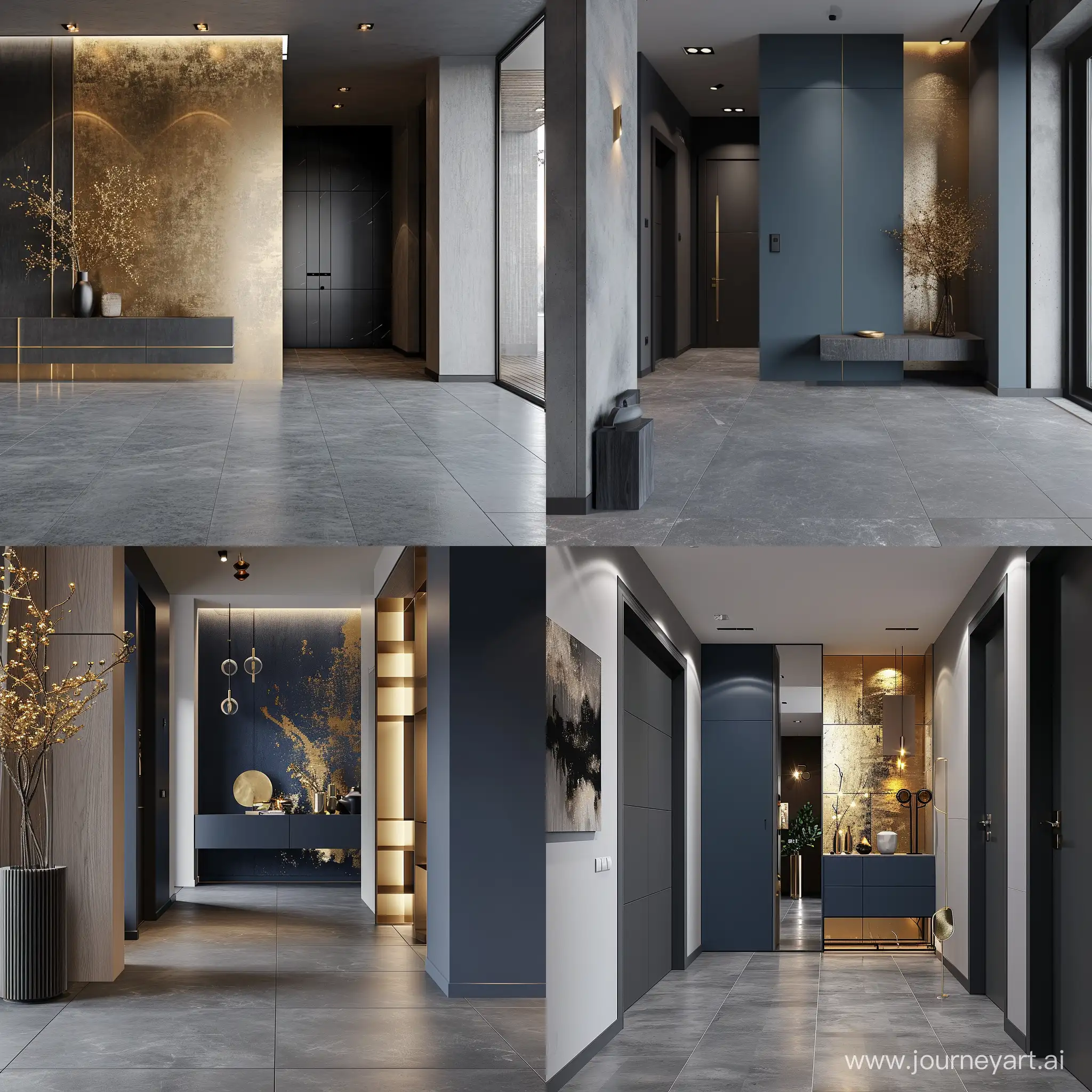 Ingresso appartamento stile moderno pavimento grigio.  colore dominante medium Blue, dettagli oro