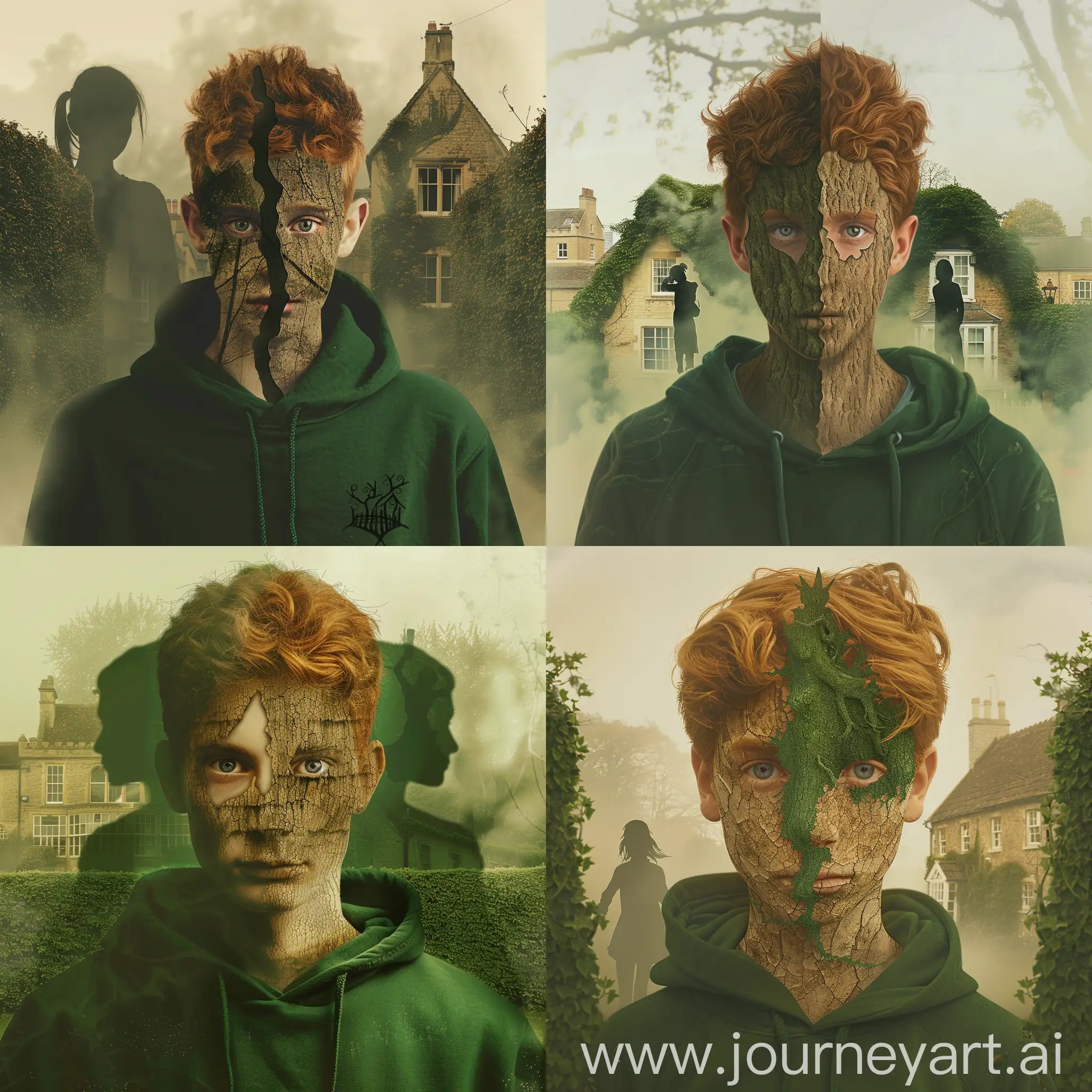 A young man with ginger hair in a green hoodie is shown up to his shoulders. The man’s features are pointy and his skin is brown, looking like tree bark. His eyes are grey and realistic and in each of them there is an identical reflection of a silhouette of a teenage girl. On one side of the man in the haze in the background is Oxford, on the other side of him is an image in the haze of a creeper-covered cottage with sash windows behind a tall green overgrown hedge. 
