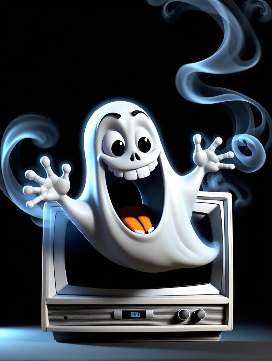 Cheerful Ghost Emerging from TV Screen Pixar Style Animation