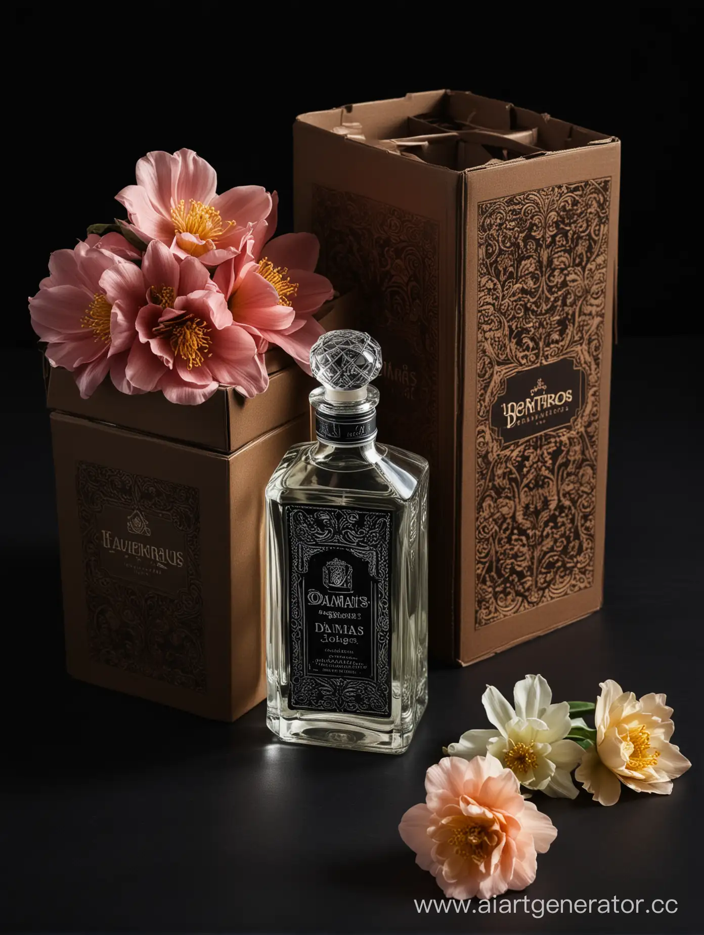 a bottle of damas cologne sitting next to a box, a flemish Baroque by Demetrios Farmakopoulos, instagram contest winner, dau-al-set, dynamic composition, contest winner, feminine
black background