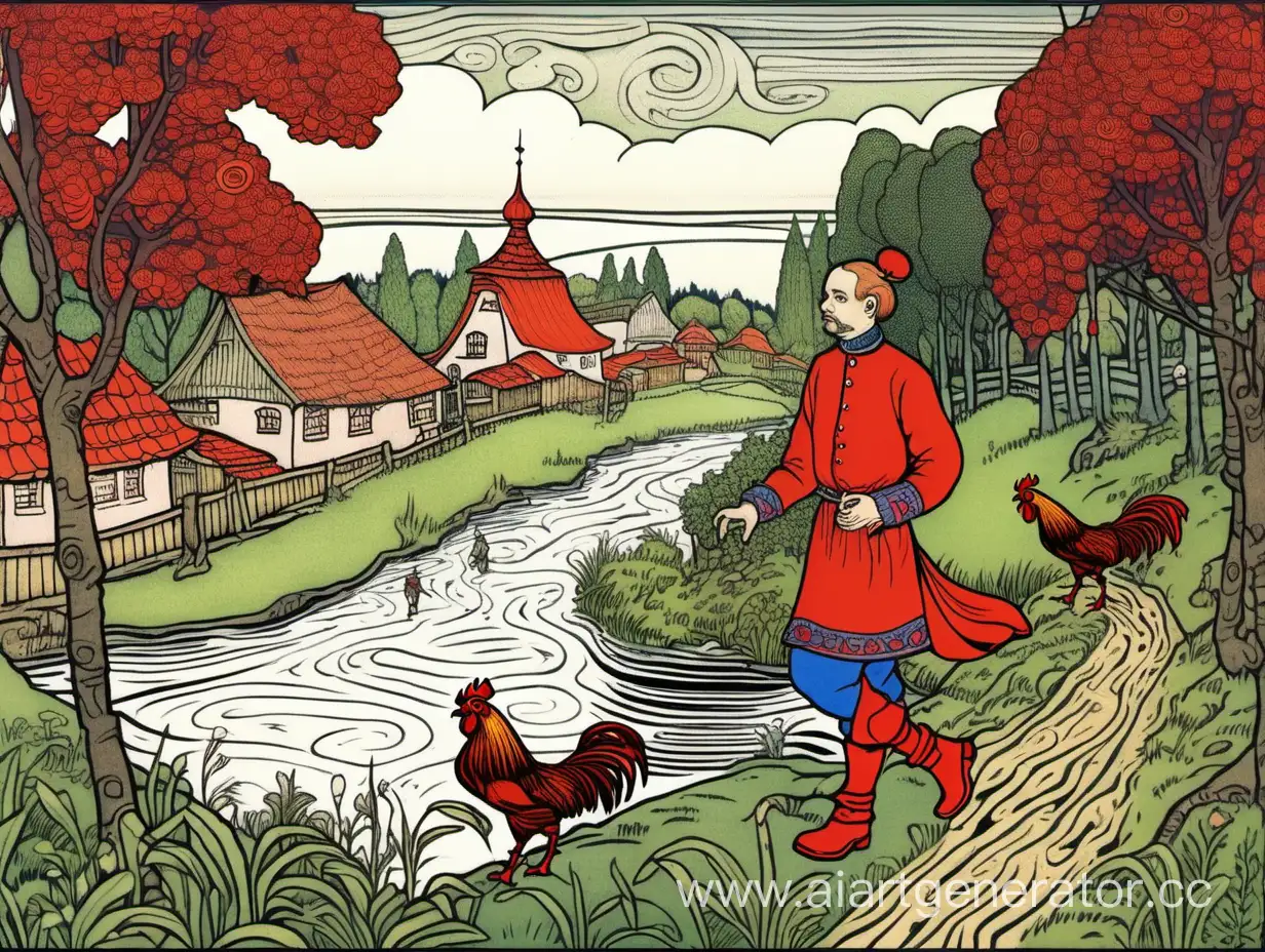 Иллюстрация к сказке в стиле Билибина, на заднем плане деревня, справа от нее небольшой лес, на переднем тропинка по которой идет обычный петух в красных высоких сапогах и красивой красной русской традиционной рубахе, справа на переднем плане протекает небольшая речка