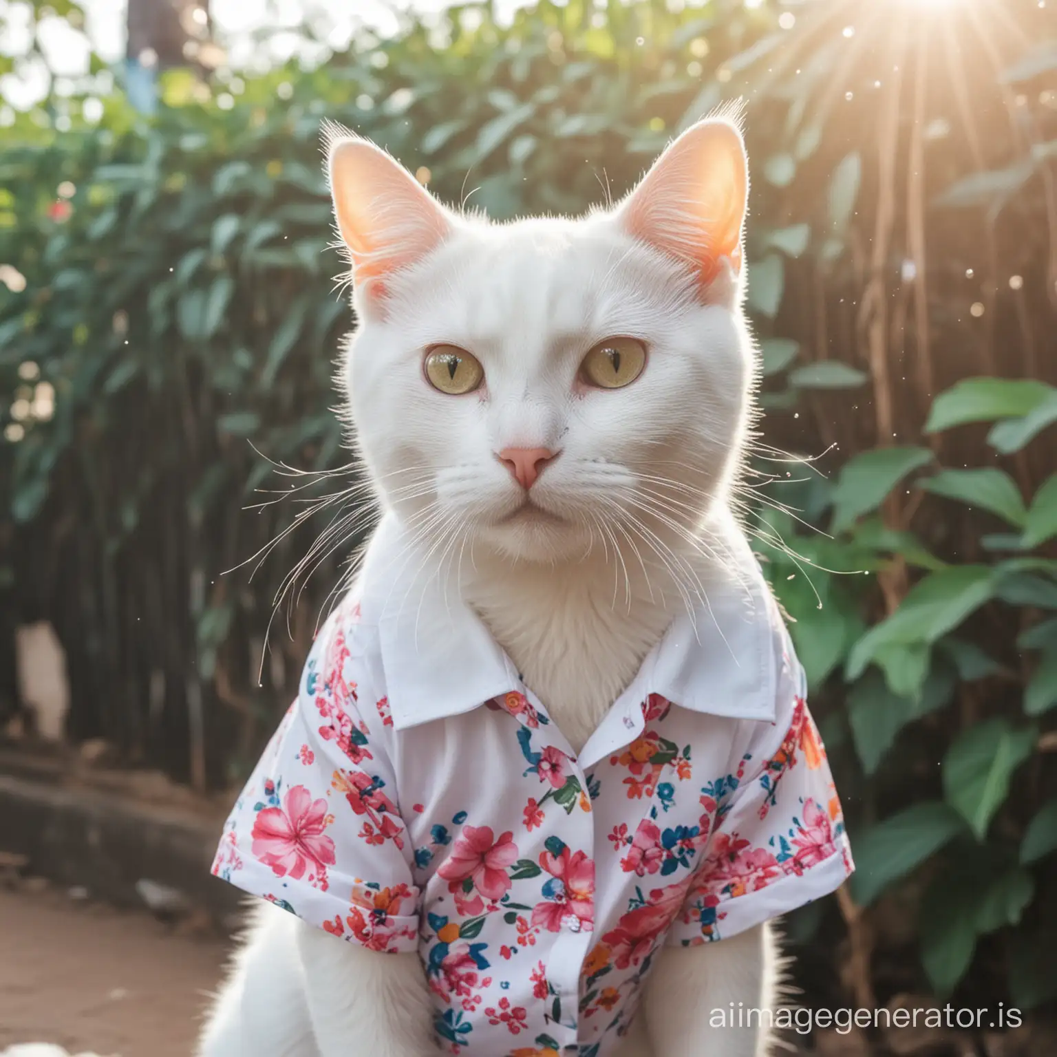 cute-white-cat-enjoy-wear-flower shirt-songkran