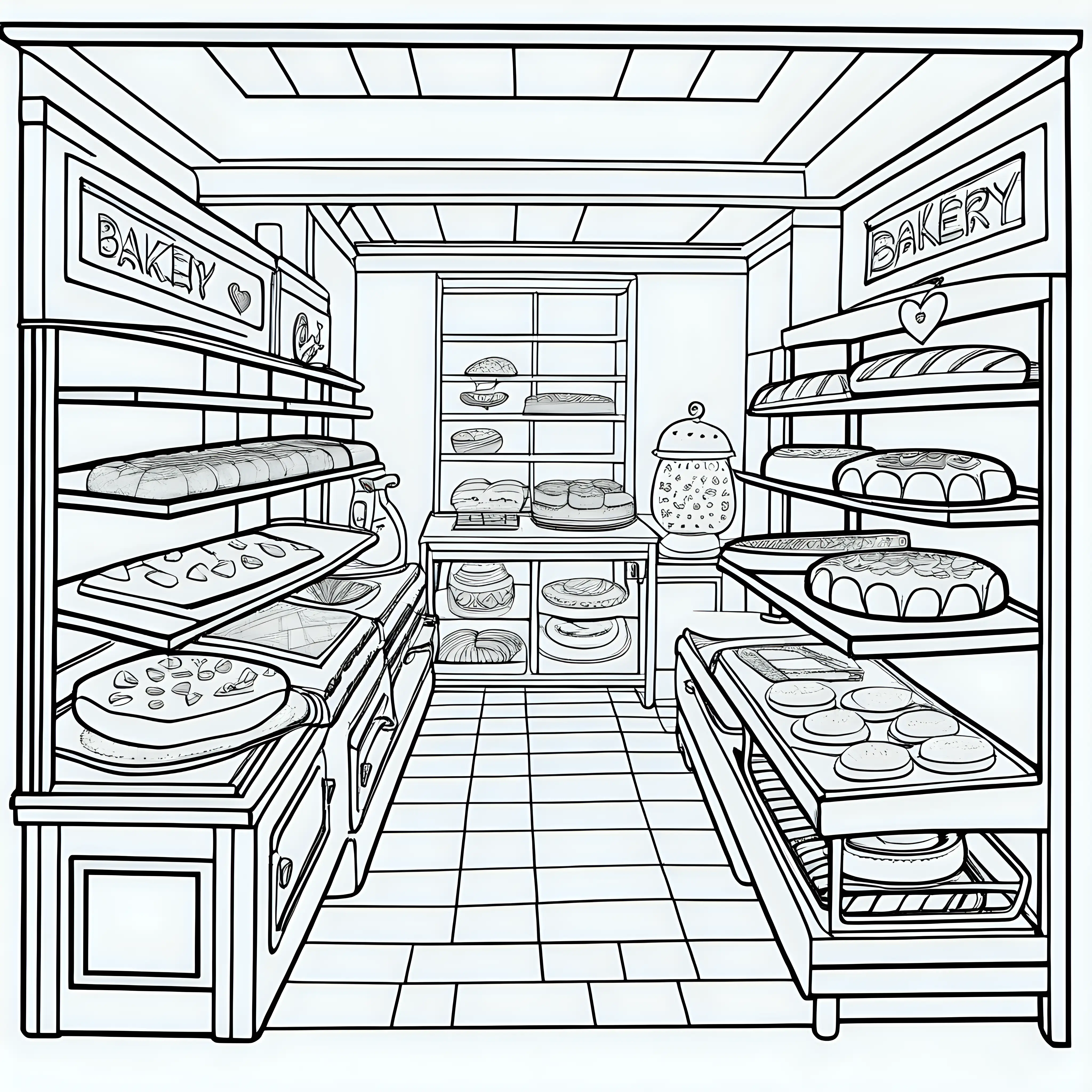 Create a coloring book page Valentine's Day Bakery: A bakery scene with ovens, rolling pins, and trays of baked goods. Use crisp lines and white background. Make it an easy-to-color design for children. --ar 17:22--model raw