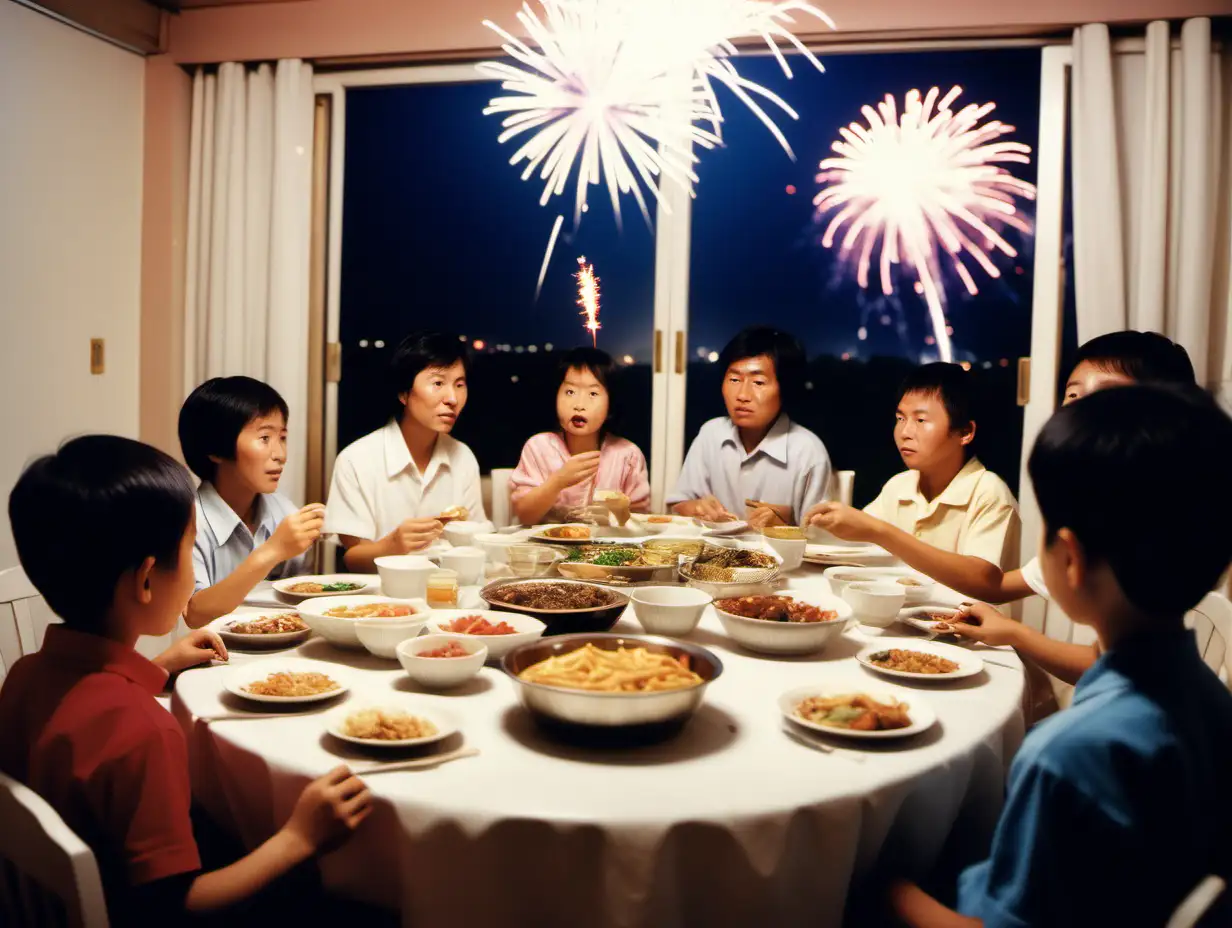 In 1980s southern Chinese households, adults and children gather for a reunion dinner. In the center of the scene, there is a round table. In the background, children are watching fireworks outside through the window.  canon 5D mark 2, 50mm lens, F2.8 focus on the table, table centre is empty, surround by food, the room is warm tone, minimalist frame