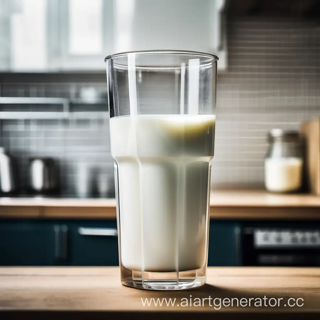 реальная фотография прозрачного стакана наполненного молоком на кухне 