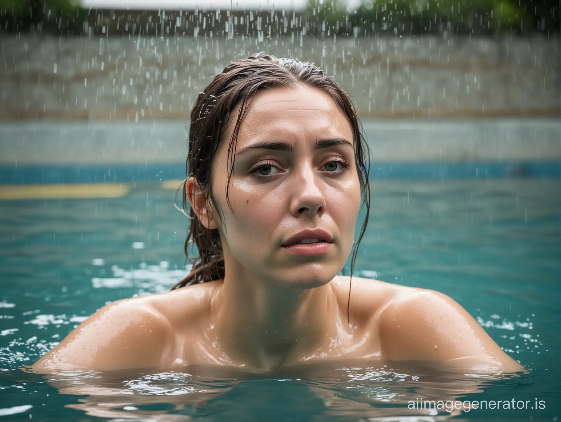 Worried, cold, wet, woman is in deep swimming pool. Water level is up to her neck.