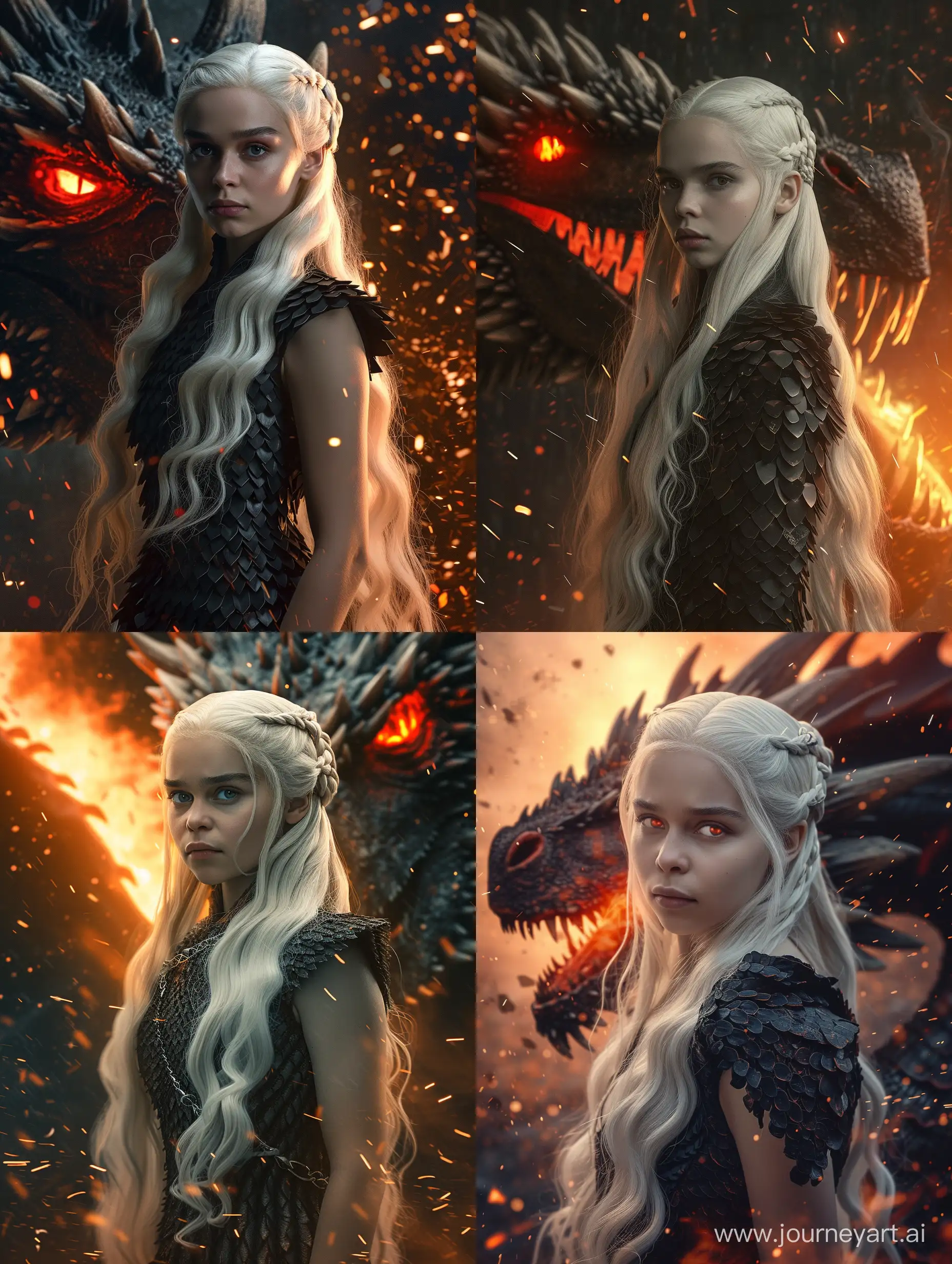 Actress Mia Goth as a Targaryen girl, she has long white hair, a confident look, she is wearing a black dress made of dragon scales, behind her is the head of a dragon with red eyes burning, Game of Thrones style, orange light, sparks of flame, cinematography, realism