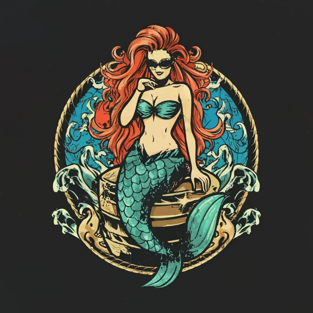 logo, logo, t-shirt vector hyperdetailed vintage comic  style full body portrait of a  mermaid wearing 80s style clothing and sunglasses ,different color hair and clothes, wearing dark fantasy clothing, black dancing shoes, sneer, goth vibe, Contour, Vector, White Background, no words, ultra Detailed image , ultra sharp narrow outlined image, no jagged edges, vibrant neon colors, no watermark, no copyright ,  typography, with the text ".", typography, with the text ".", typography