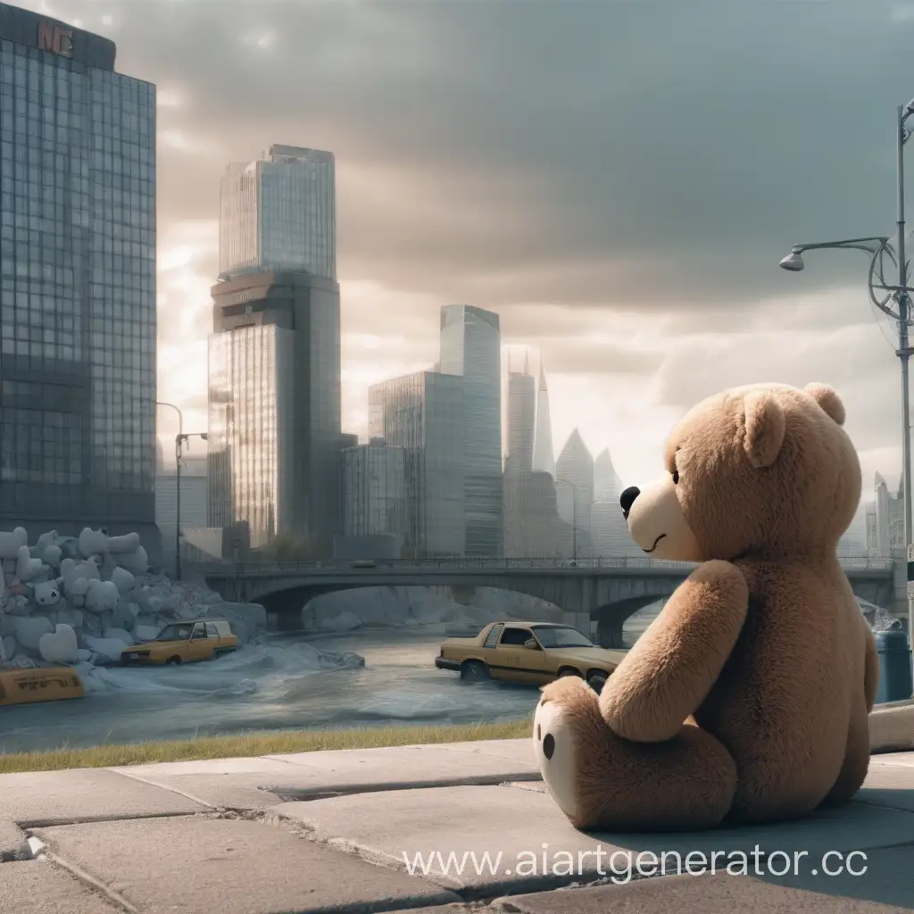 Lonely-Plush-Bear-Overlooking-a-Dangerous-Cityscape