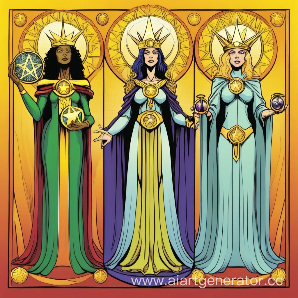 Tarot-Card-Trio-Queen-of-Pentacles-High-Priestess-Justice