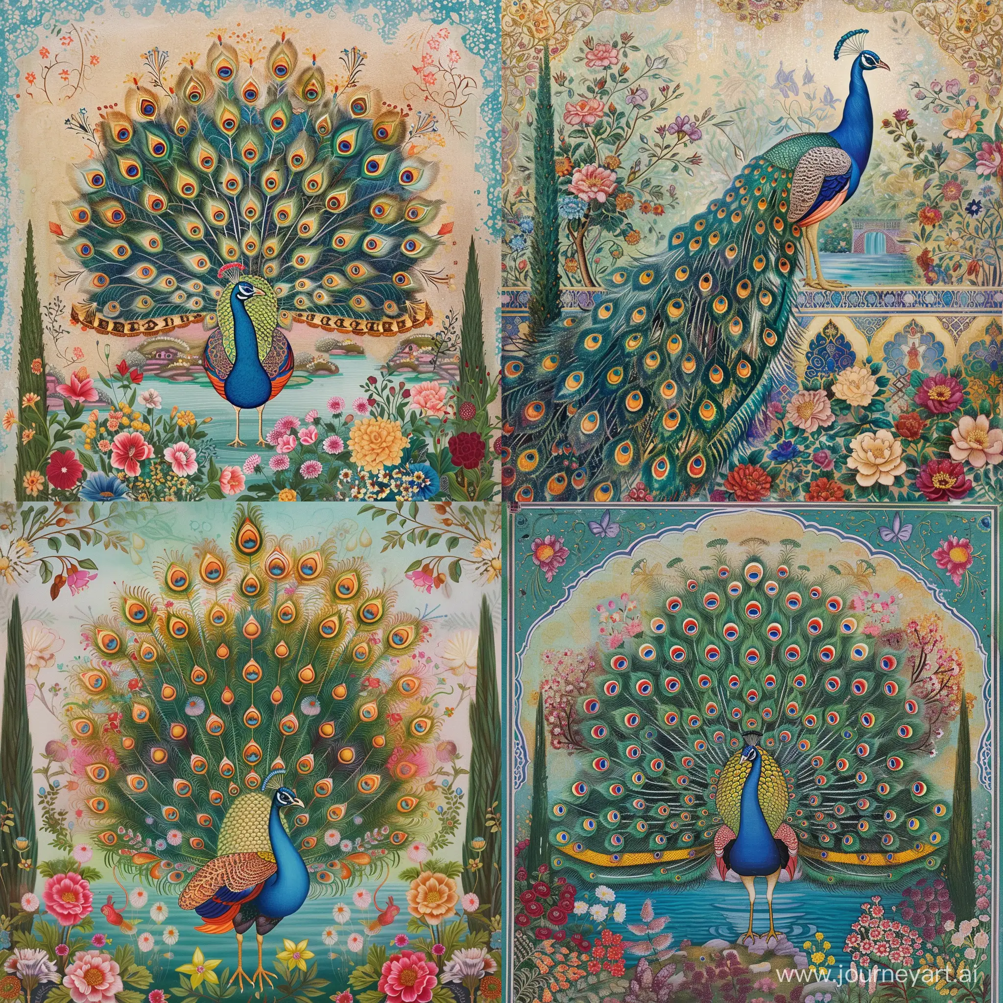 a Persian miniature depicting a tranquil garden scene with a central focus on a majestic peacock, adorned with vibrant feathers, standing gracefully amidst blooming flowers and lush greenery. The peacock should be depicted in a regal manner, with intricate patterns and elegant details on its feathers, and surrounded by elements that evoke a sense of serenity and beauty such as flowing water, delicate cypress trees, and colorful flora. Incorporate traditional Persian patterns, motifs, and geometric designs, and use a rich, harmonious color palette reminiscent of traditional Persian art such as azure blues, emerald greens, ruby reds, and golden hues. The overall composition should exude an air of elegance and sophistication, capturing the essence of Persian miniature art --q 5