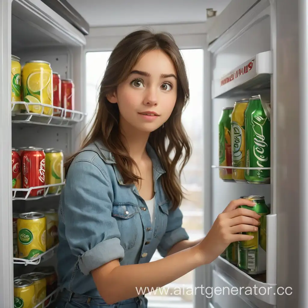  девушка открывает холодильник с  металлическими банками лимонадов