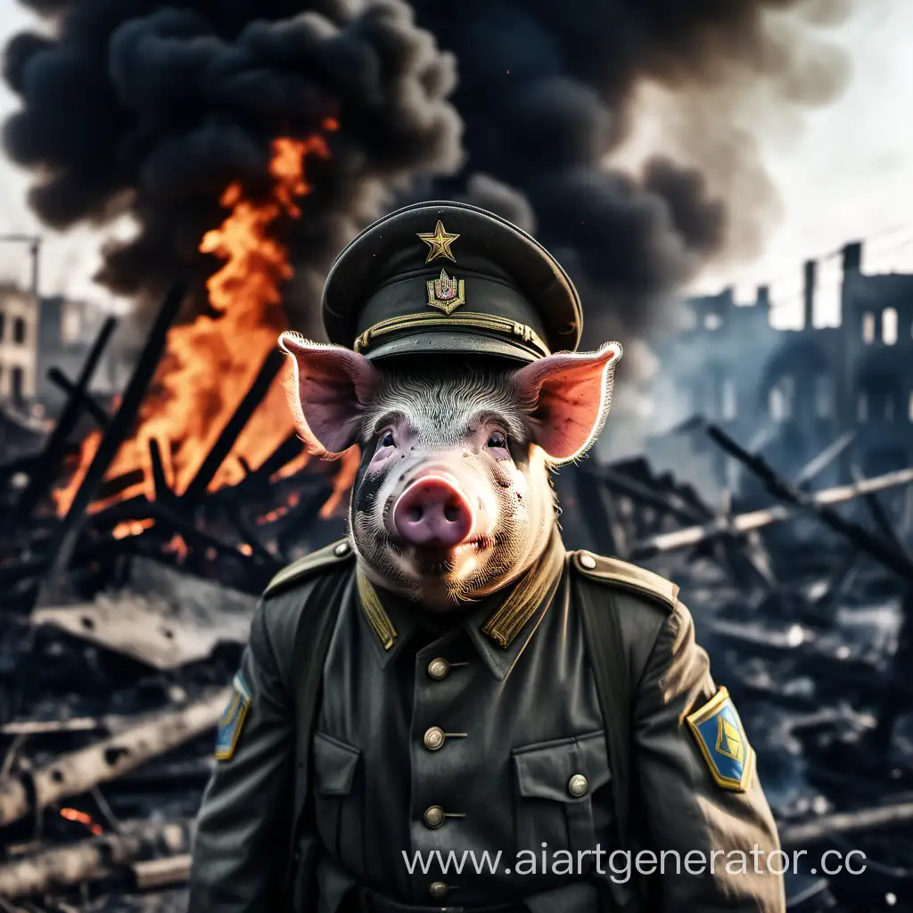 Ukrainian soldier pig in SS uniform in burning city sad