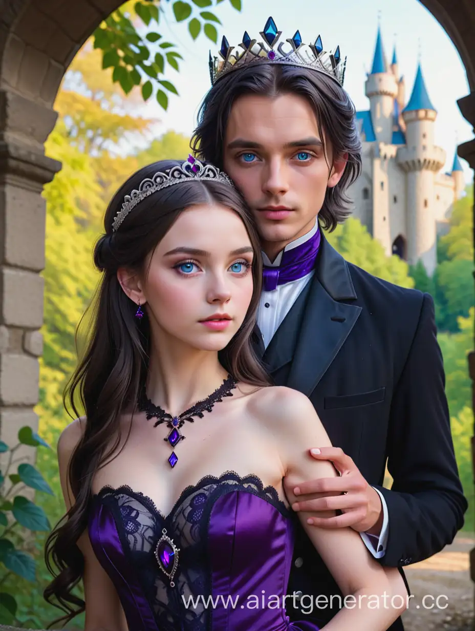 A girl with dark hair and blue eyes stands against the background of a castle in a forest thicket.  She is wearing a dark purple dress with black lace, jewelry and a silver tiara with purple stones. A guy with gray hair in a black tailcoat hugs her around the waist