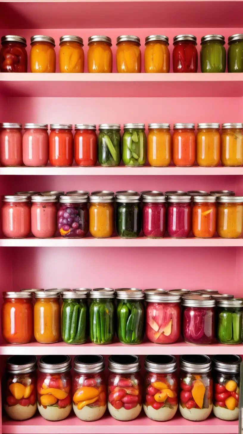 colorful food inside canning jars on three peach and pink shelves. full of veggies. fruits. 

