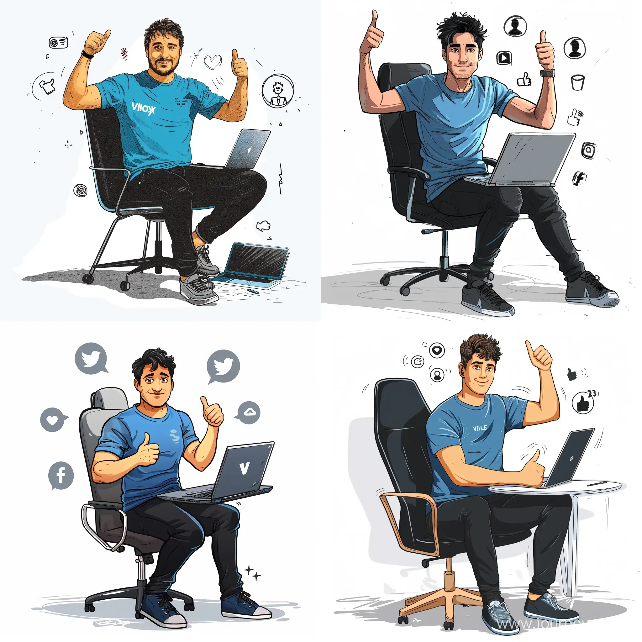 A 25-year-old man wearing a blue T-shirt and black pants is sitting on a chair and in front of a laptop.  He appears to be a programmer, waving with a thumbs up looking at the camera and there are social media icons around. Victor sketch drawing illustrator style on white background.