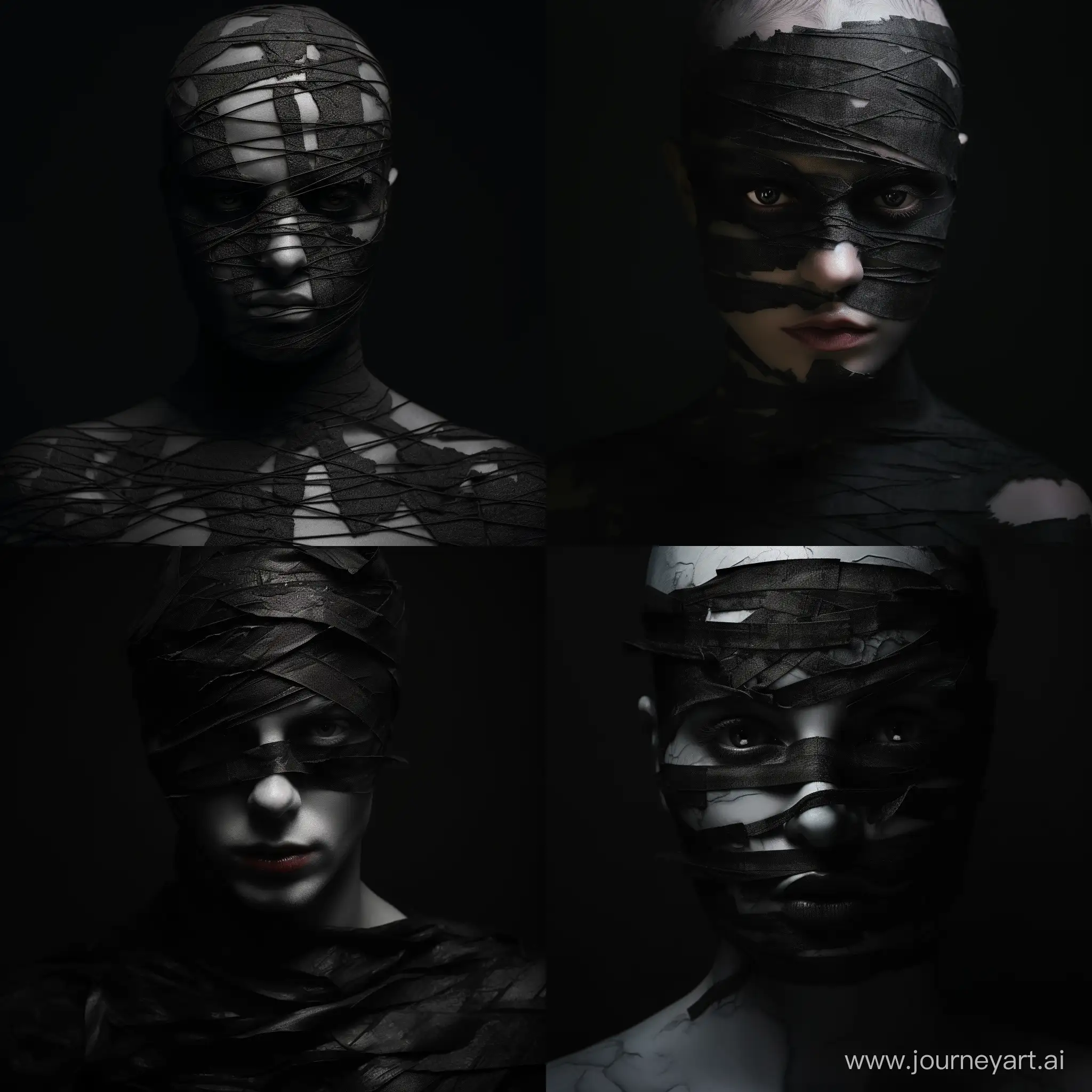 A surreal male character image, the face entirely concealed by black bandages, creating an otherworldly and enchanting monochromatic atmosphere, 3D rendering using only black textures
