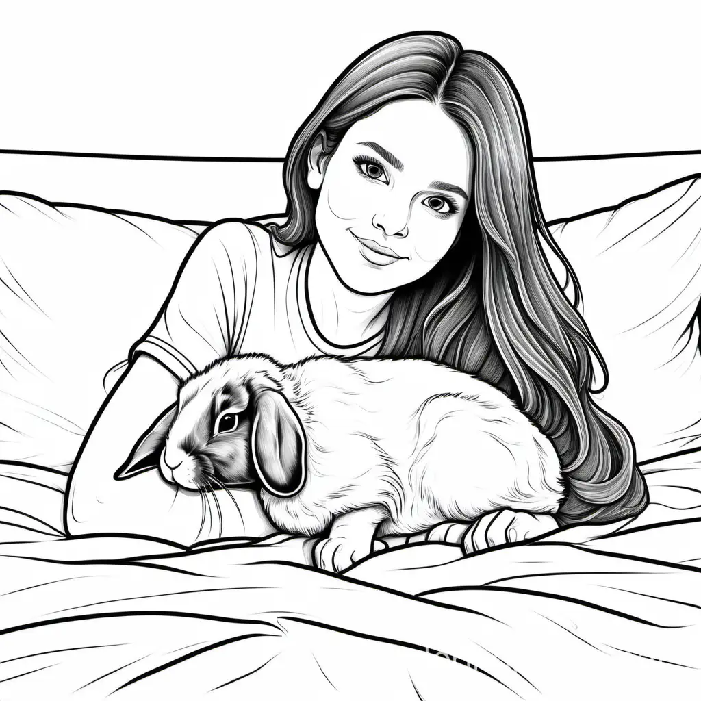 Female Brunette on the bed with her black and white lop eared rabbit, Coloring Page, black and white, line art, white background, Simplicity, Ample White Space. The background of the coloring page is plain white to make it easy for young children to color within the lines. The outlines of all the subjects are easy to distinguish, making it simple for kids to color without too much difficulty