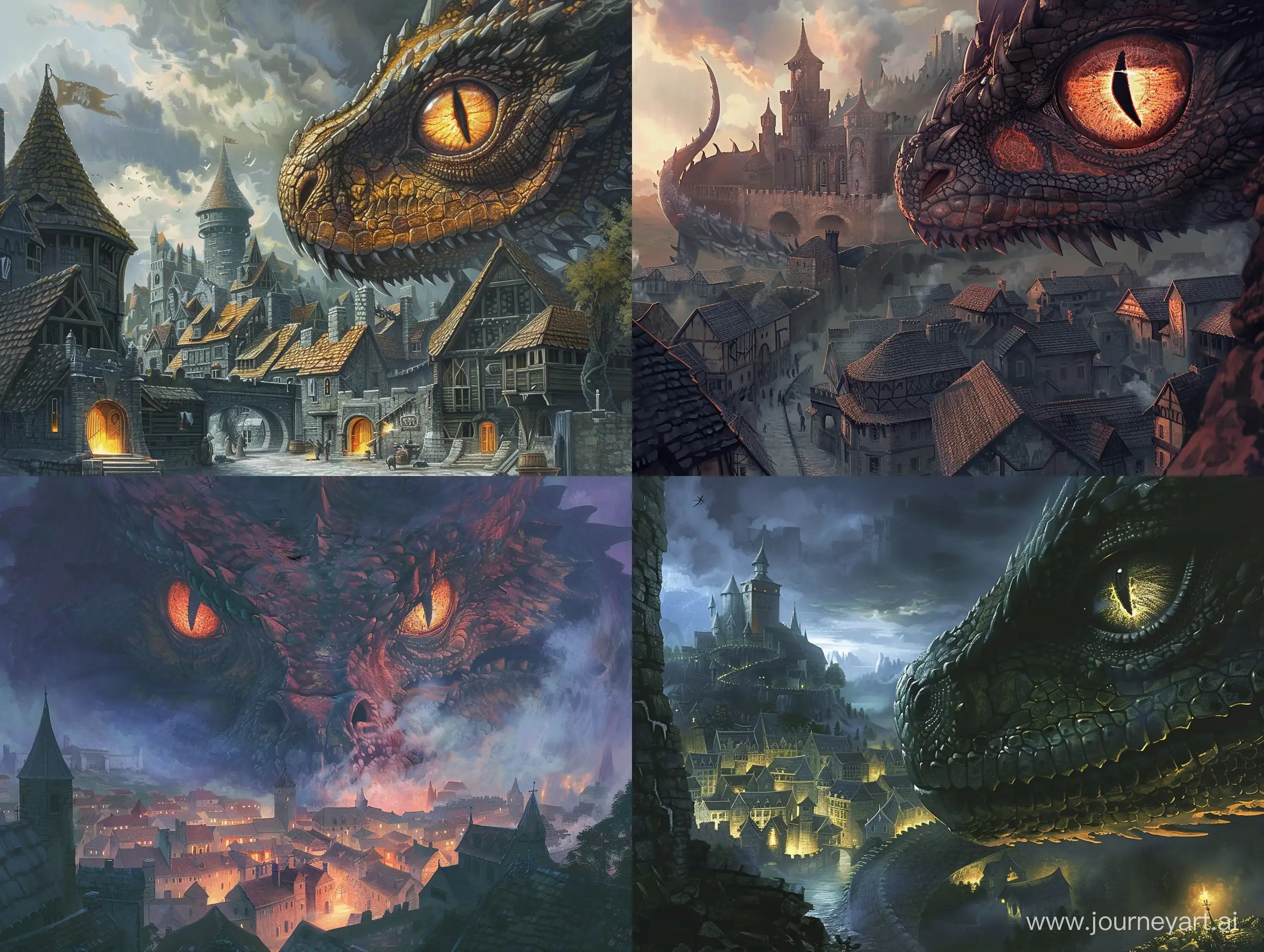 Грозный глаз дракона наблюдает за средневековым городом, стиль дарк-фэнтези, стиль тёмного фэнтези