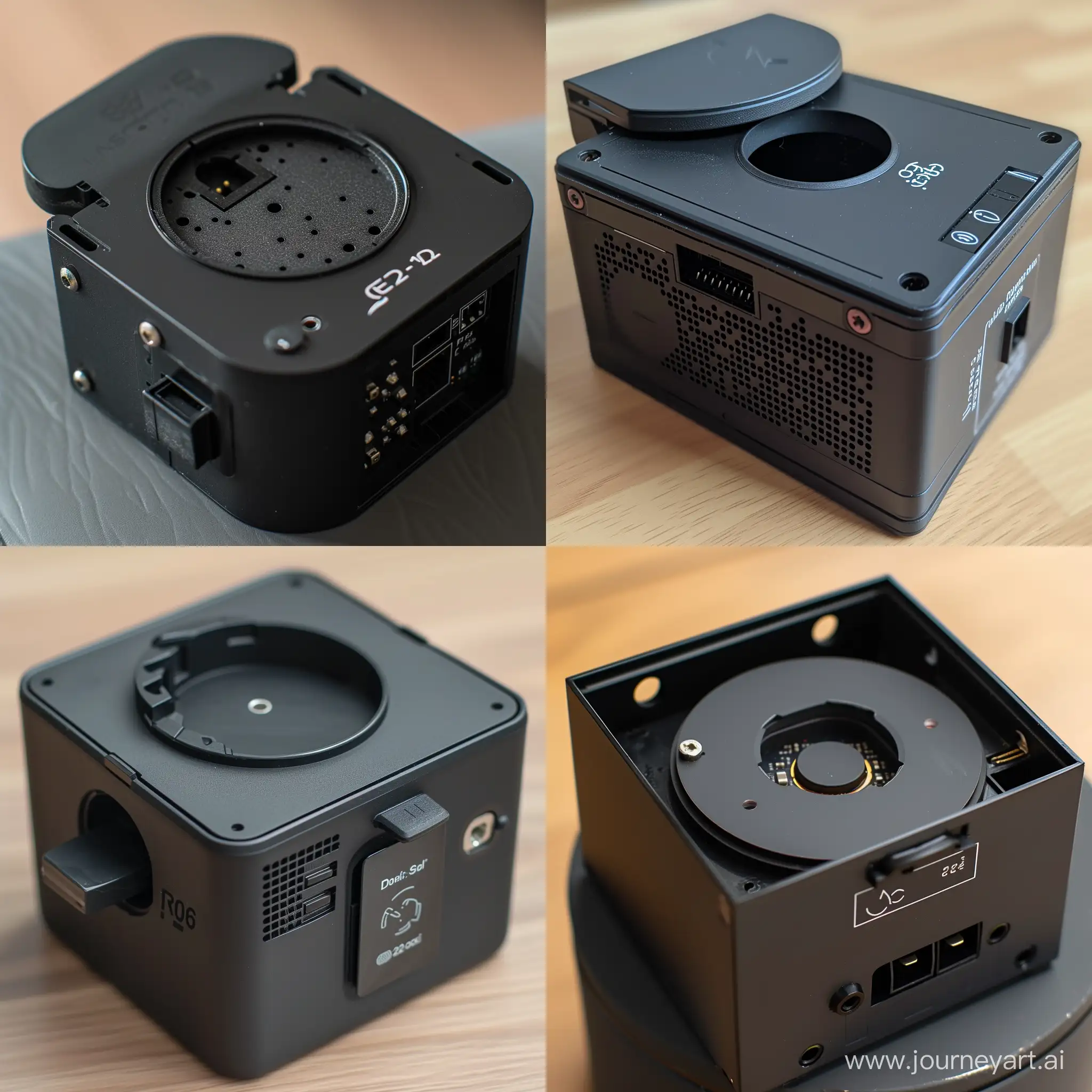 Black project container, the top side can be opened, a circular hole in the middle of the top side, on the side is a push button,beside the button is a on/off switch, from the hole you can see a ESP-32.