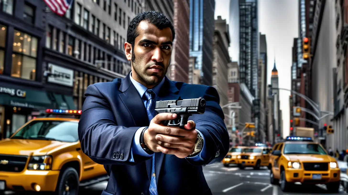 Omar, smart, agile, arab-american, federal agent, holding glock 17, in manhattan, hyper realistic, dramatic lighting