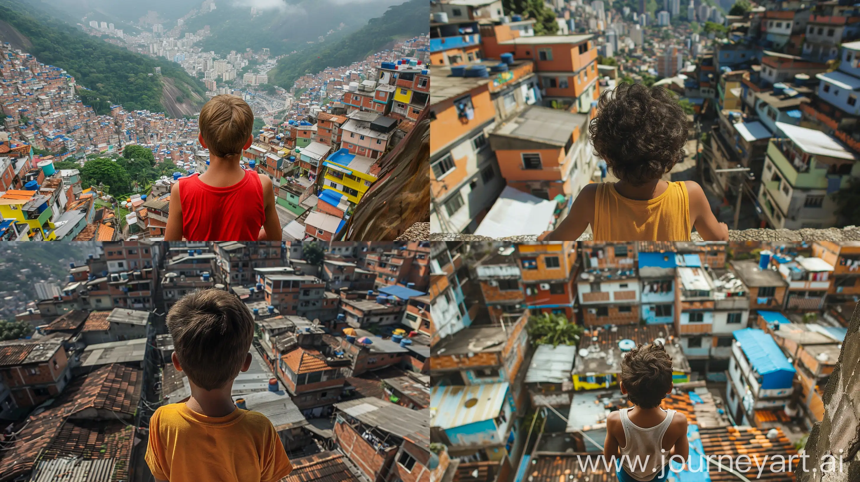 A extreme wide view, a high view of a boy facing away from a favela --v 6 --style raw --ar 16:9