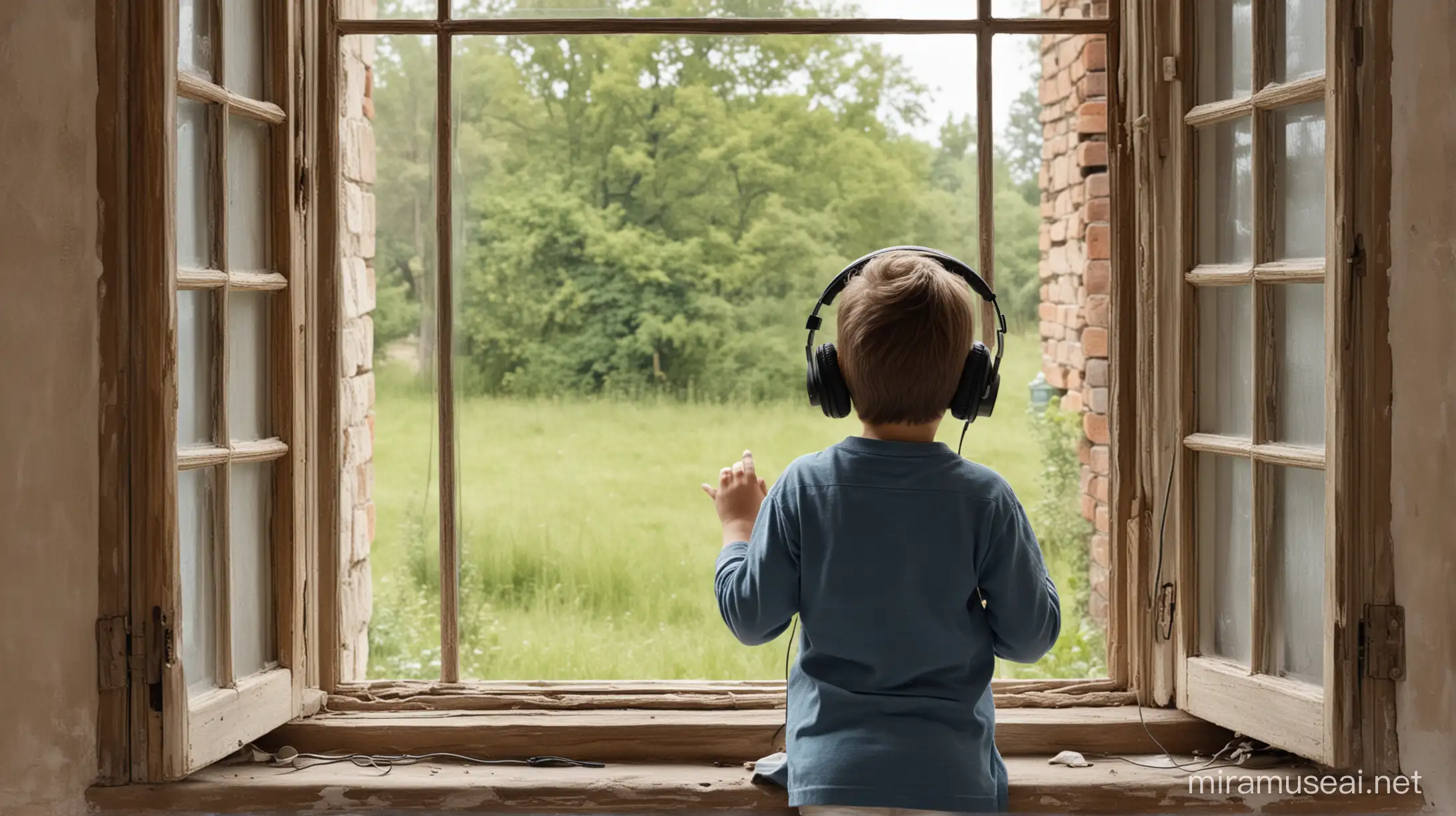 Back view of a young child wearing headphones staring out of an old traditional window that takes up most of the space in the image.
