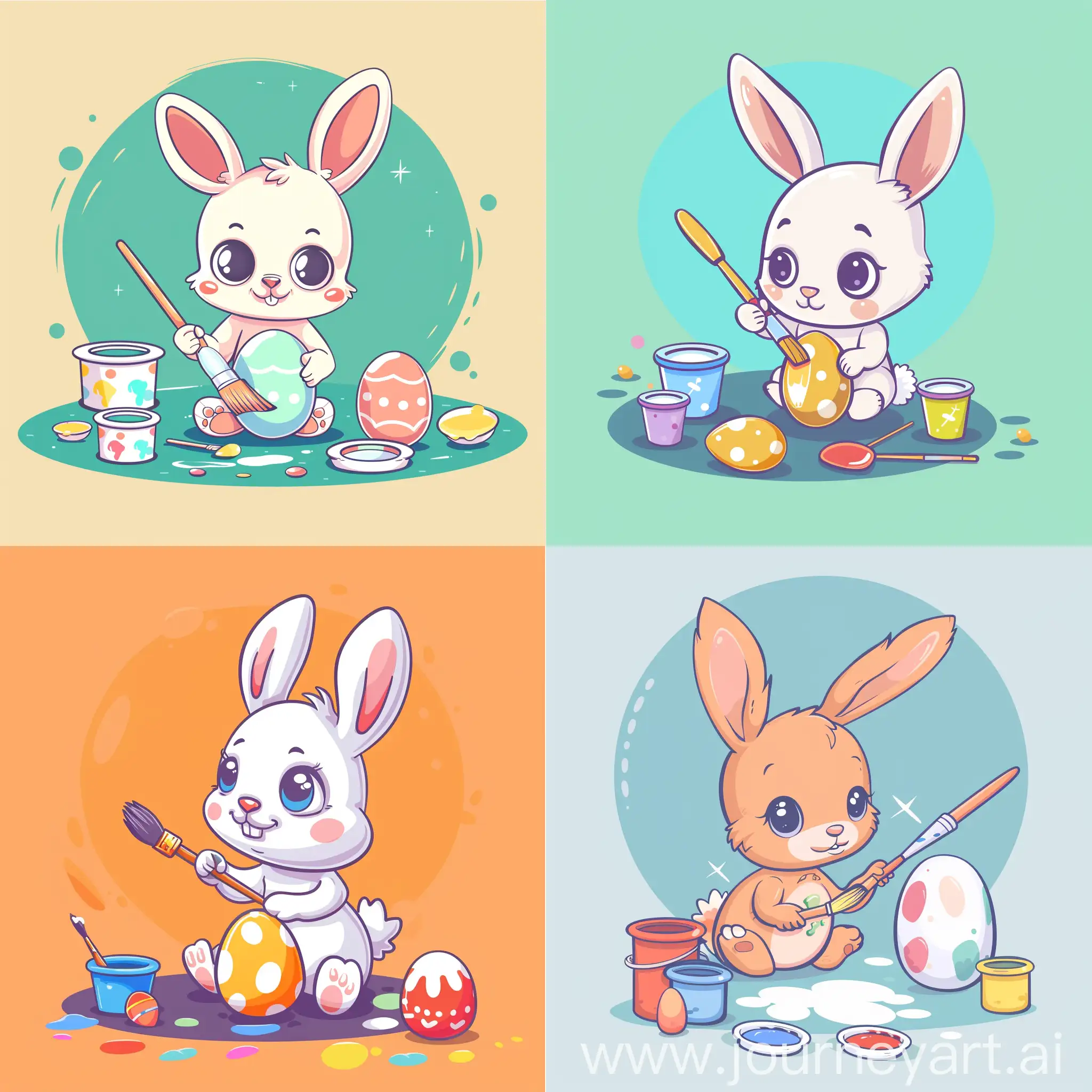cartoon baby bunny painting Easter eggs, paintbrush, paintpots, in high quality flat style