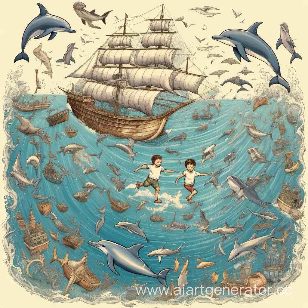 Море, дельфин несёт на спине мальчика,чайки, летающие рыбы, корабль,акула