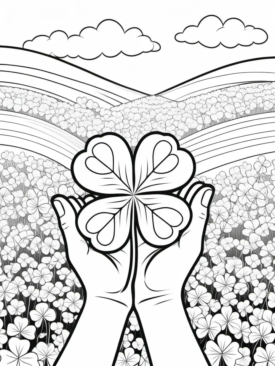 Childrens Coloring Book Kids Holding Four Leaf Clover in a Field