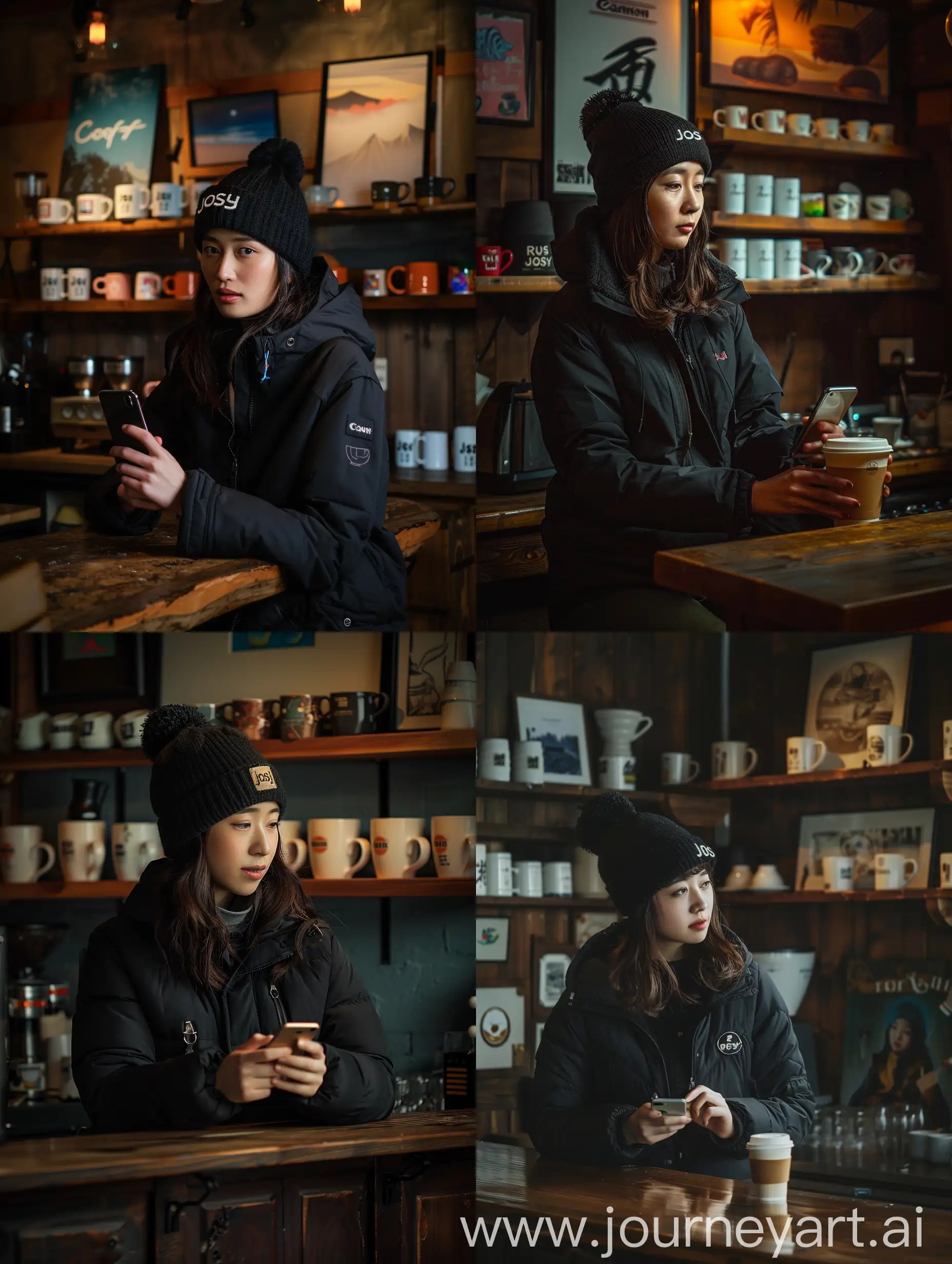 photo of an attractive Asian woman sitting at a bar in a dark, moody coffee shop with dim lighting and wooden accents, holding an iPhone while looking away, wearing a black winter jacket and a beanie hat with the brand "Josh", drinking a cappuccino, surrounded a shelf of mugs and artwork on the wall behind it, taken with a Canon EOS R6 Mark II Mirrorless camera in a minimalist photography style