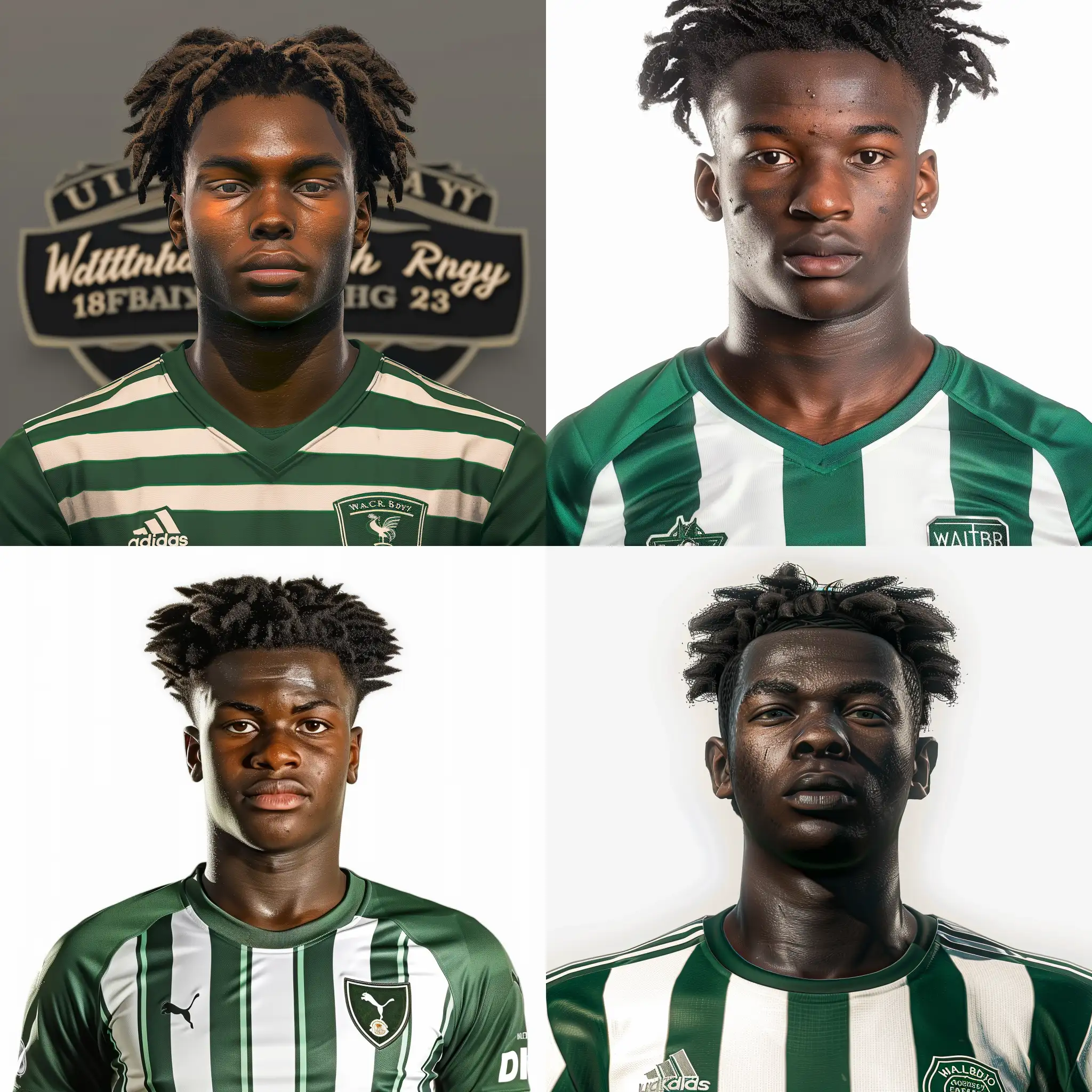 Ultra Realistic team profile photo of 18 year old football player for Waltham Abbey Football Club. Green white striped football jersey. The person is Of carribbean origin but born in London. Street smart looking. picture from a facepack from Football Manager 23.