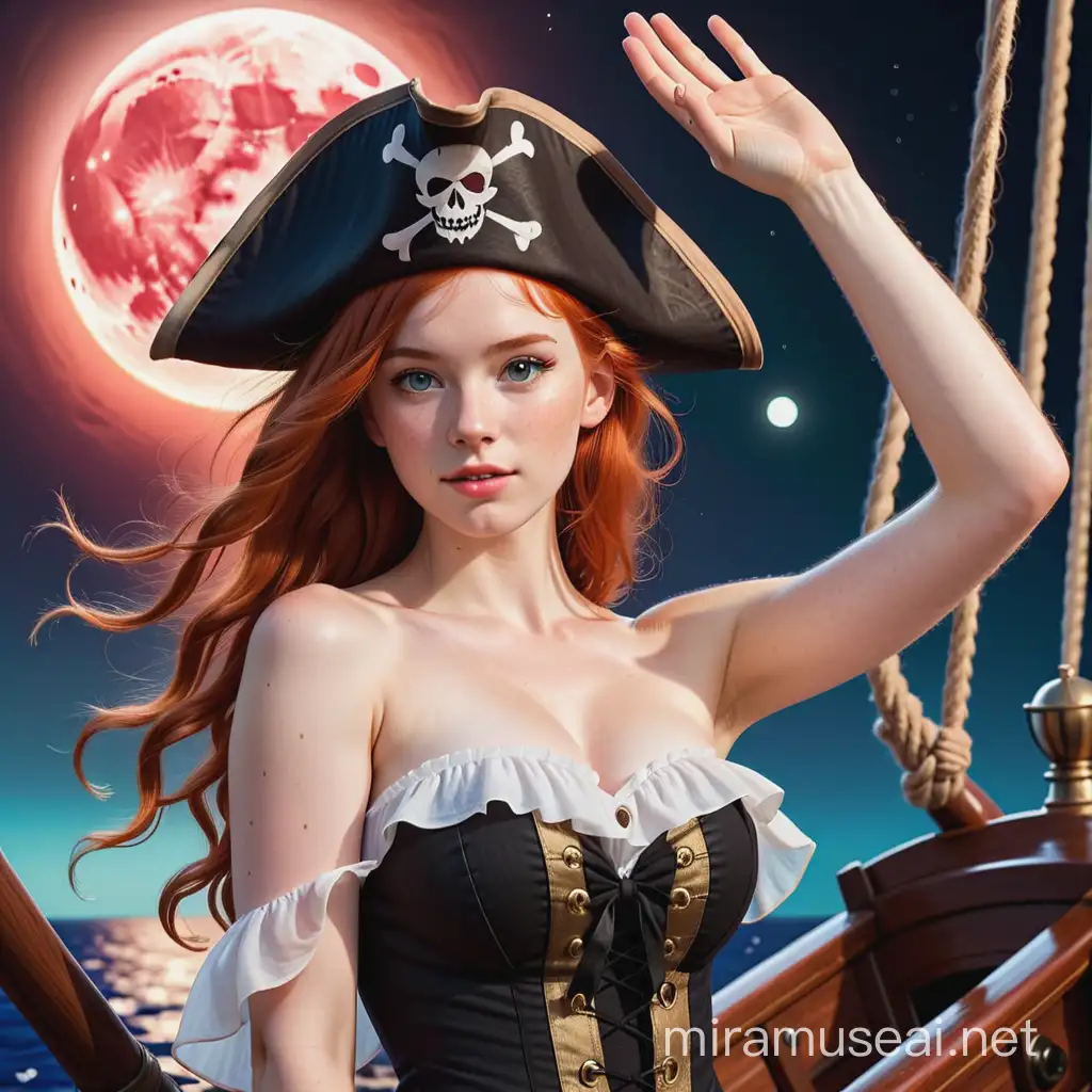 The 18-year-old ginger-haired British woman wore a sleeveless and strapless pirate costume complete with a black pirate hat. standing on a pirate ship with a red full moon in the background she raised her hand on her head with clear and white armpits