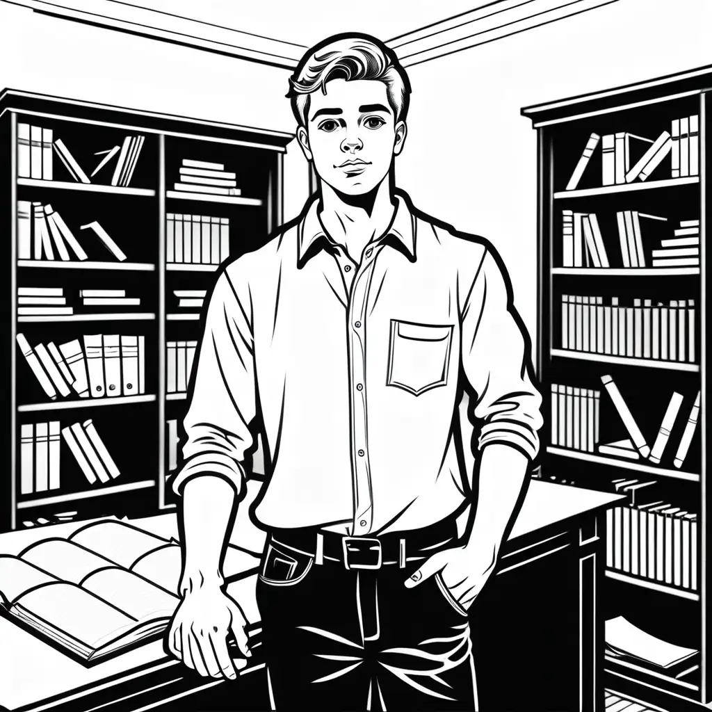 a simple black and white coloring book picture outline of handsome young man standing in his study
