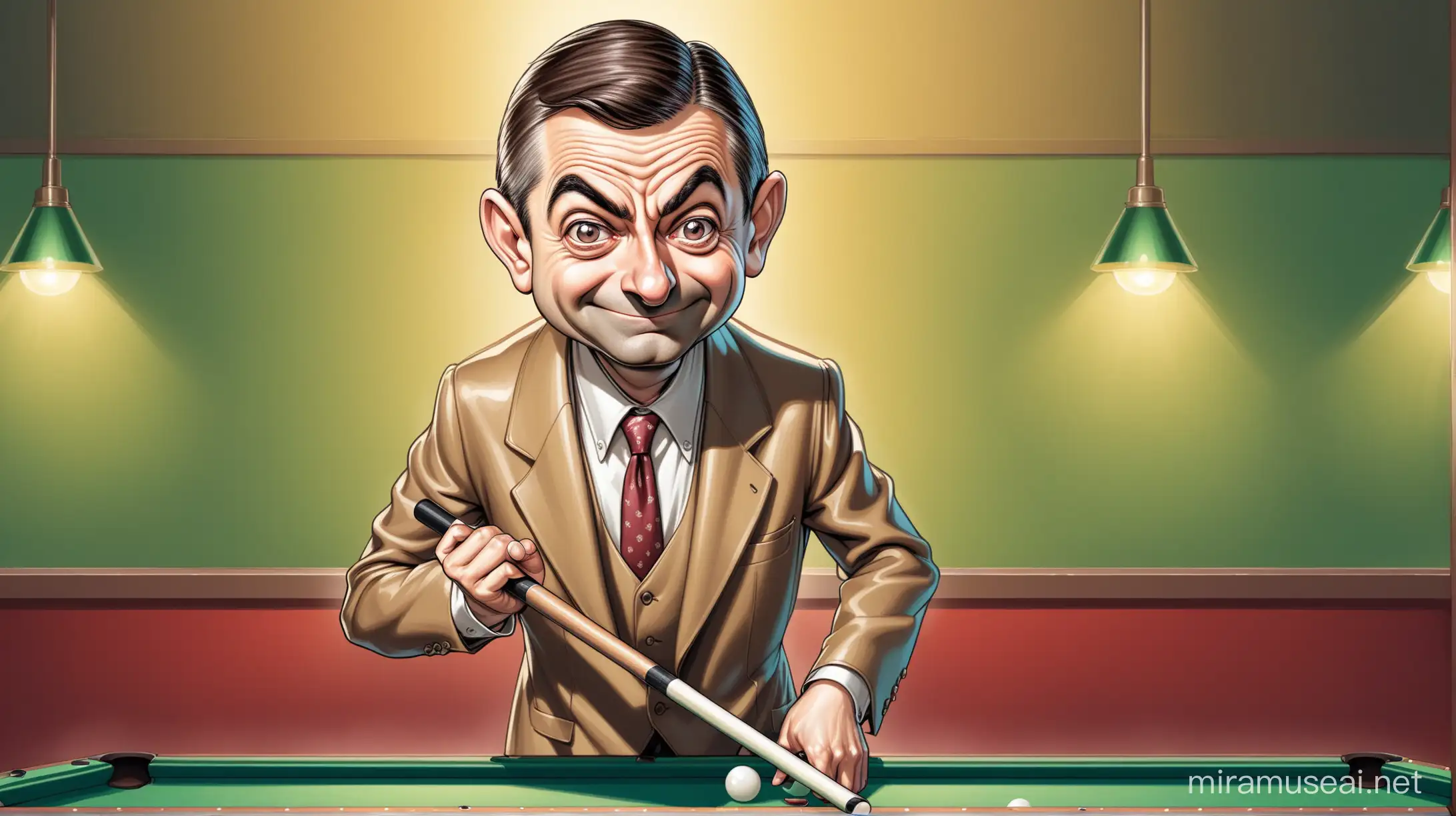 Caricature of mr bean standing behind a pool table with a pool cue in his hand with a smile on his face