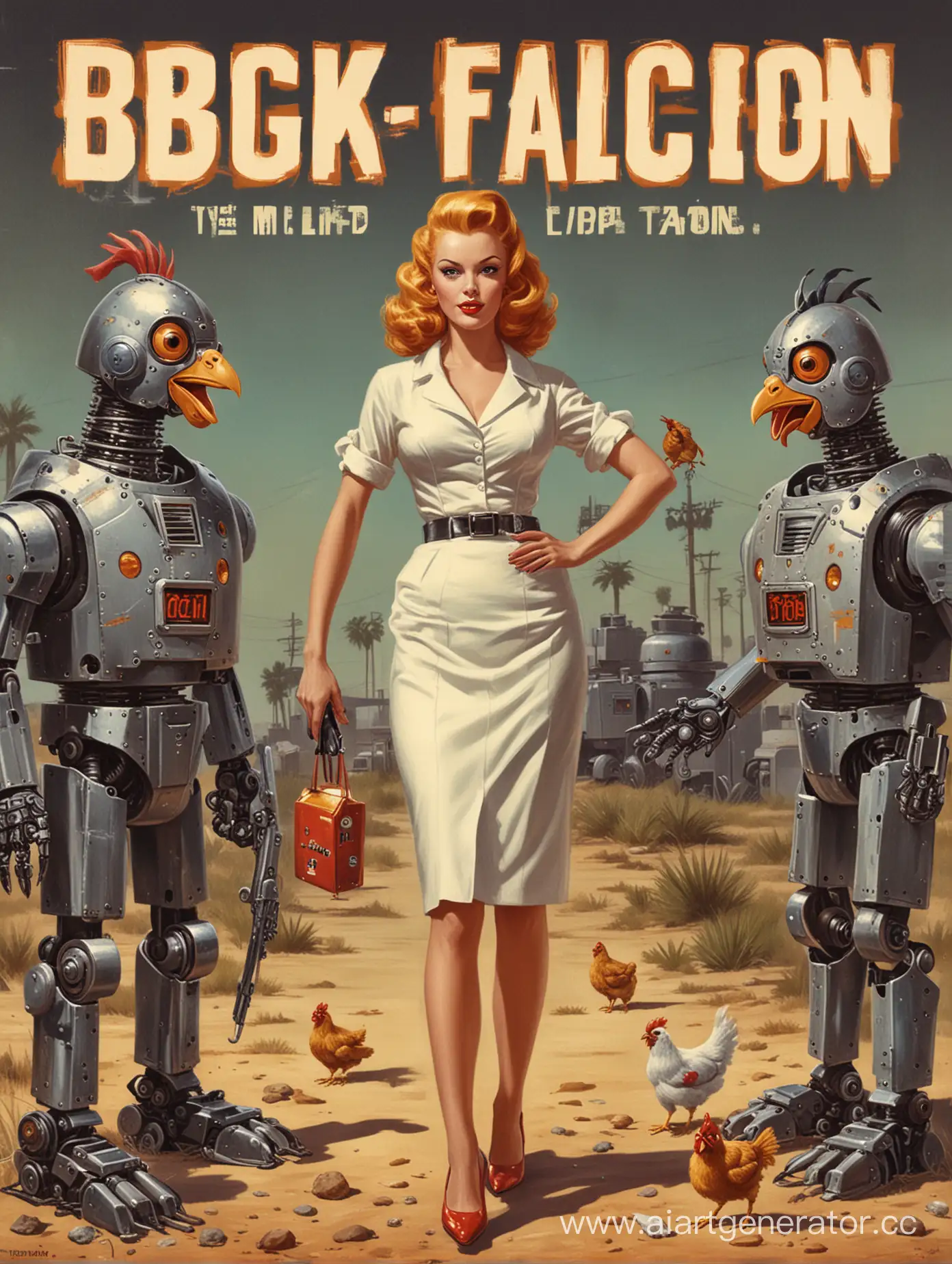 Create a 1950's lurid pulp fiction book cover with 3 robot chickens.
The title of the book is "Big Sales Robot"