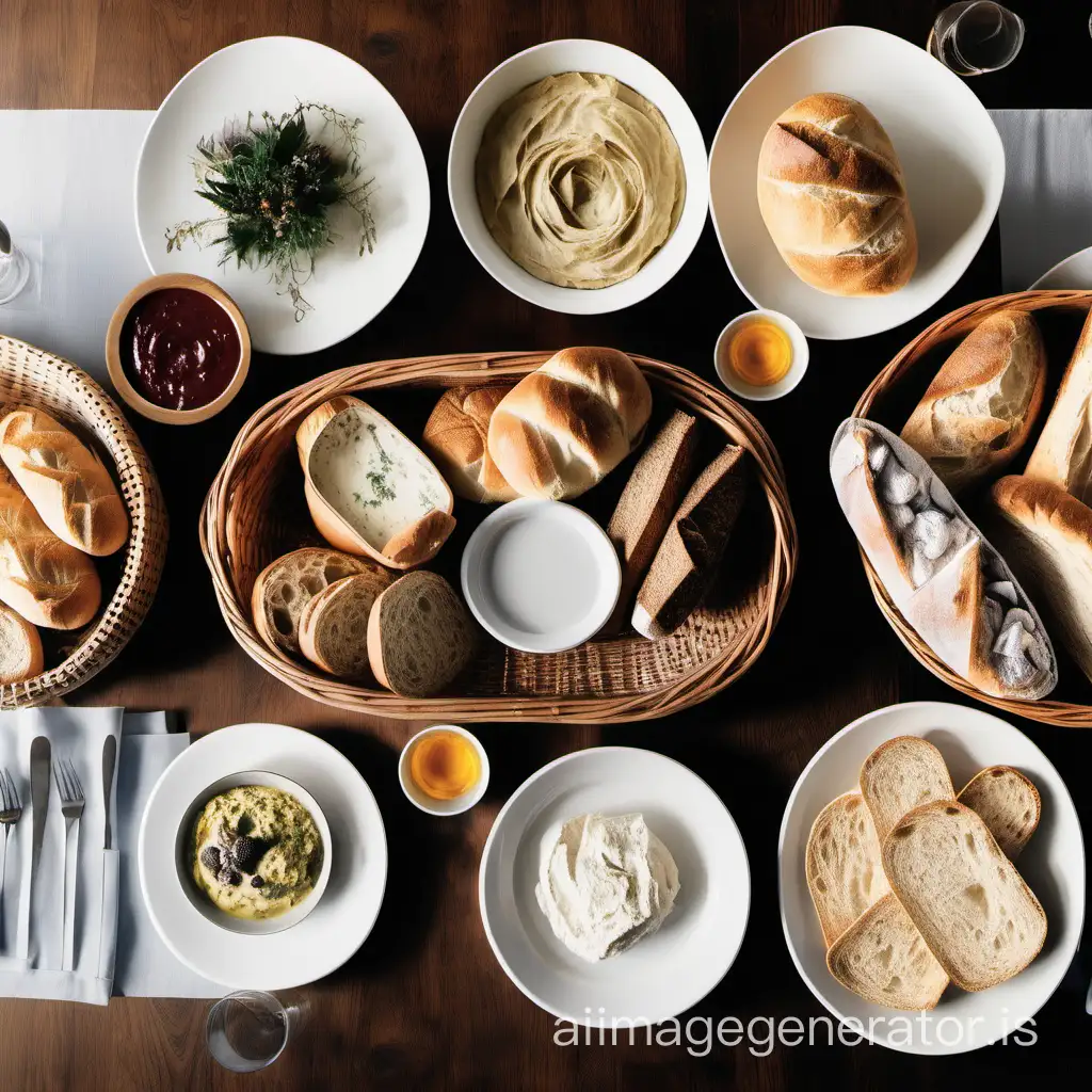  a wedding table set up with an assortment of bread in a bread basket and various dips in small bowls, all setup in the center of the table for guests to share
