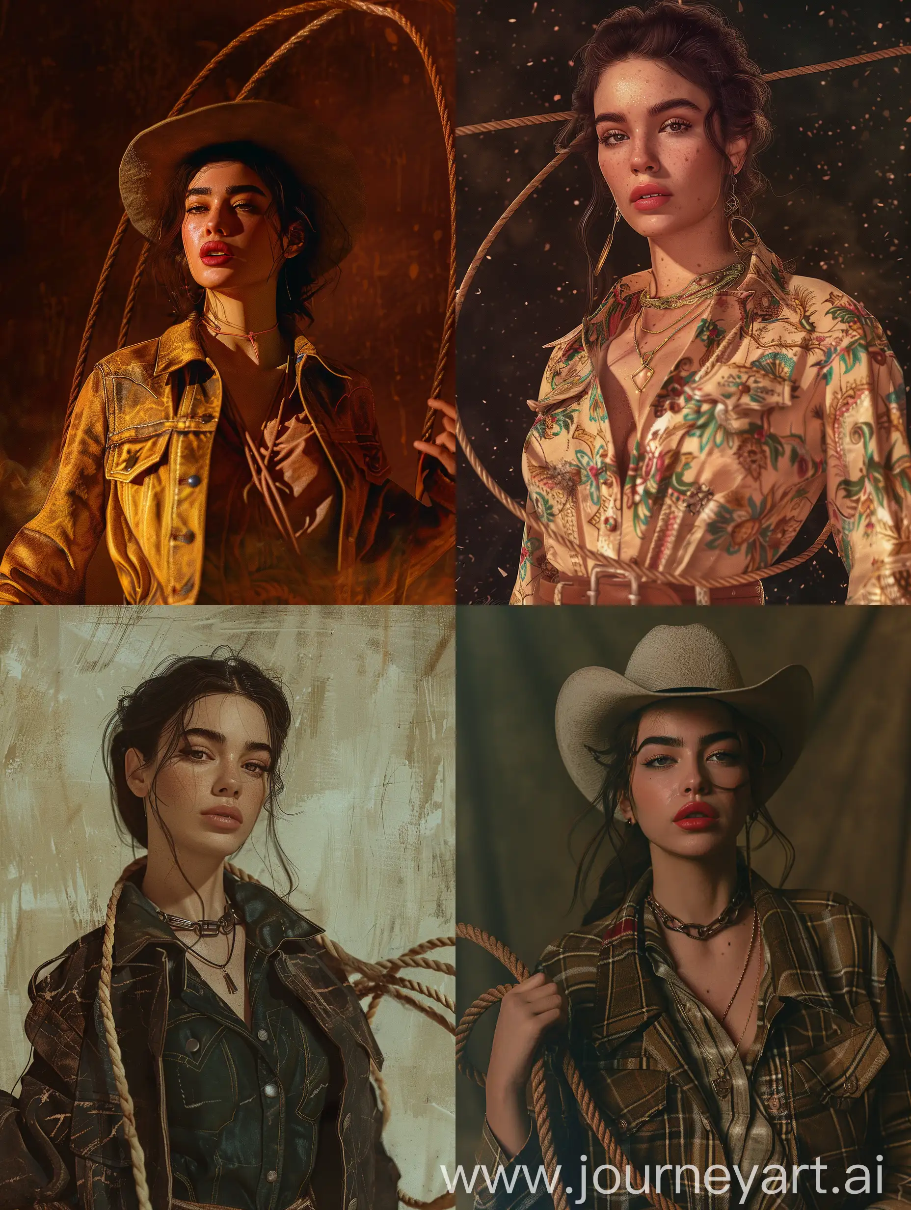 Dua Lipa as a cowgirl, rope, photorealistic, hdr