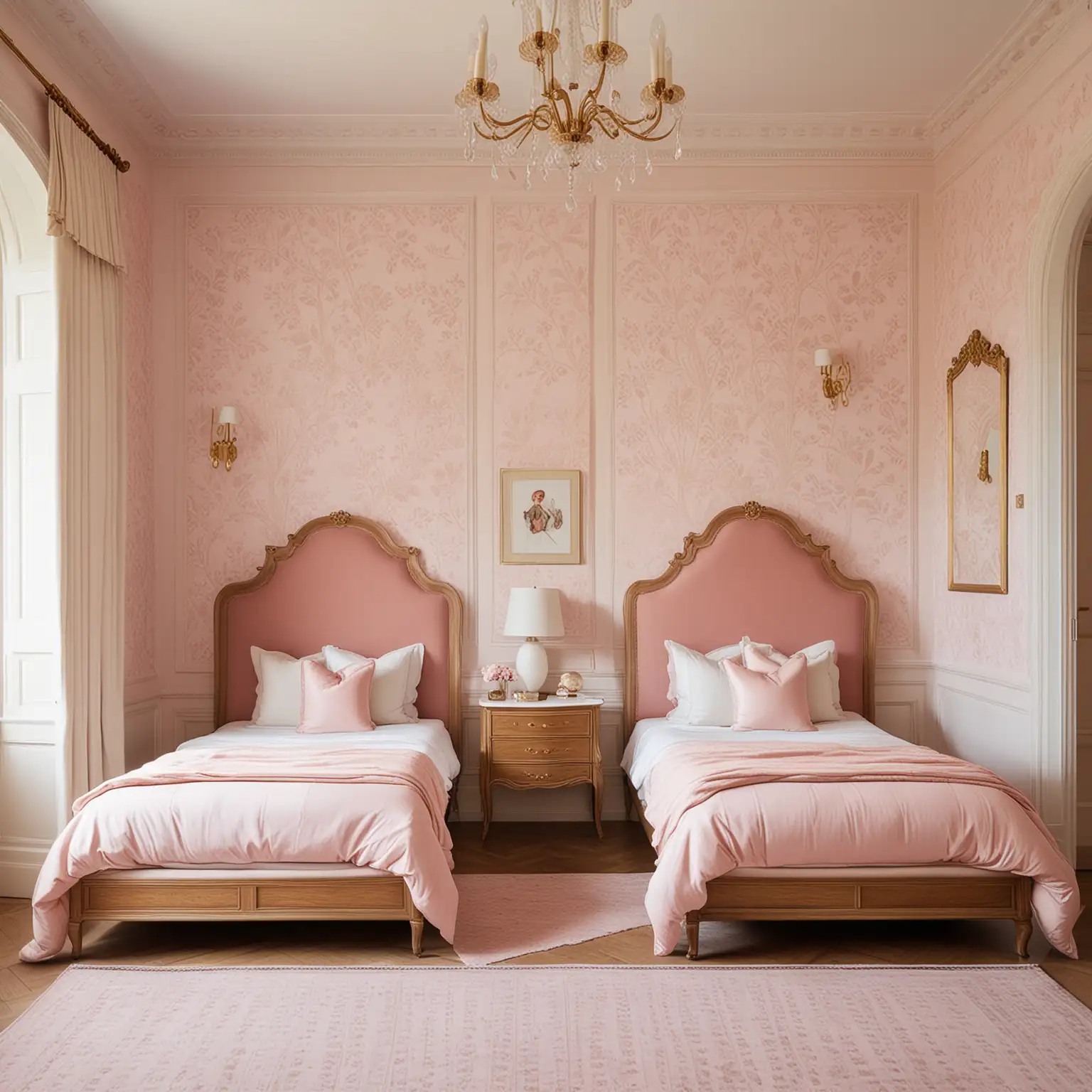 Modern French Chateau Girls Bedroom with Twin Beds and Elegant Dcor