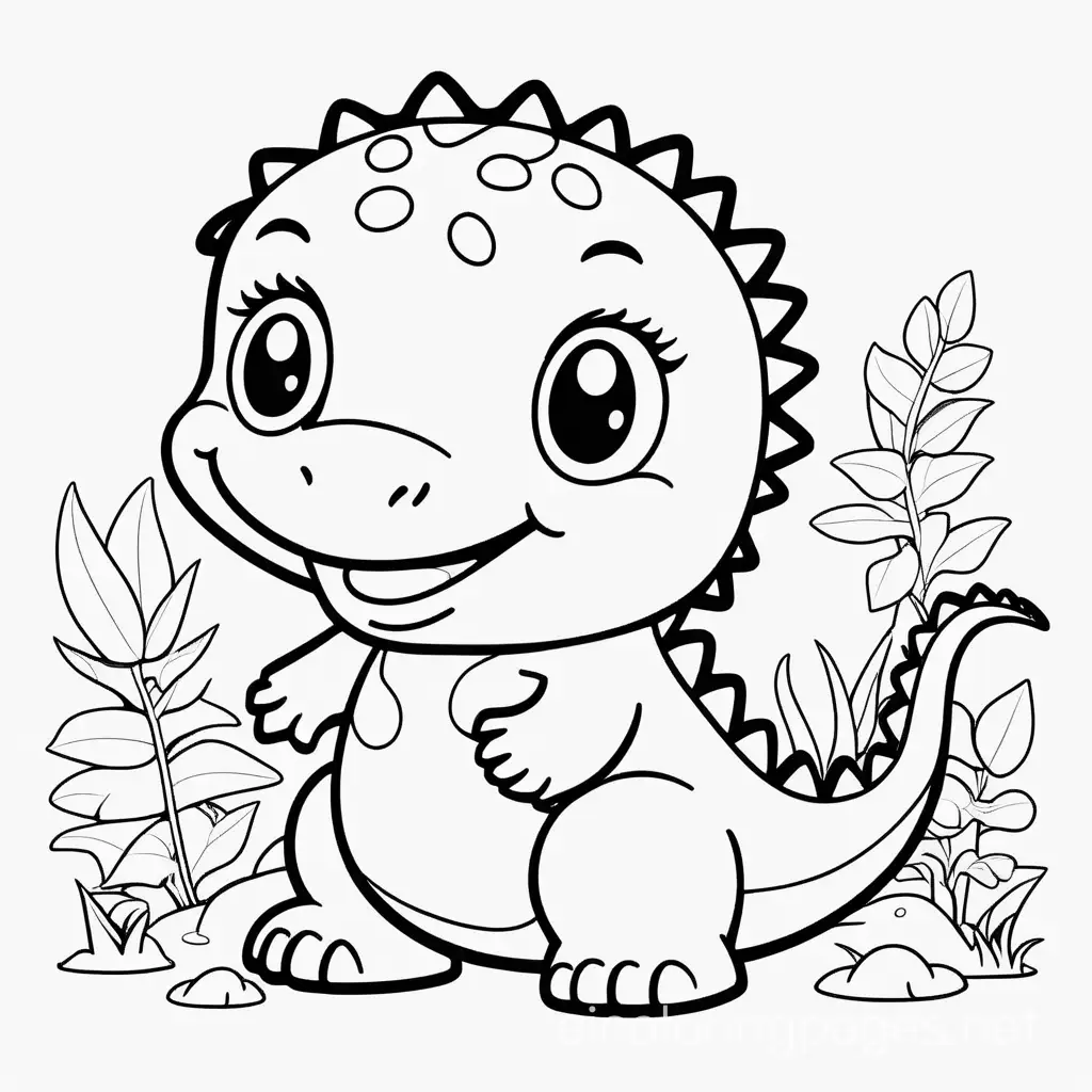 kawaii dinosaur, Coloring Page, black and white, line art, white background, Simplicity, Ample White Space. The background of the coloring page is plain white to make it easy for young children to color within the lines. The outlines of all the subjects are easy to distinguish, making it simple for kids to color without too much difficulty