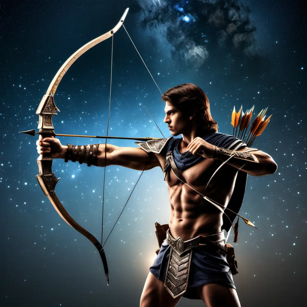 A male warrior with a bow and arrow, aiming at a star.