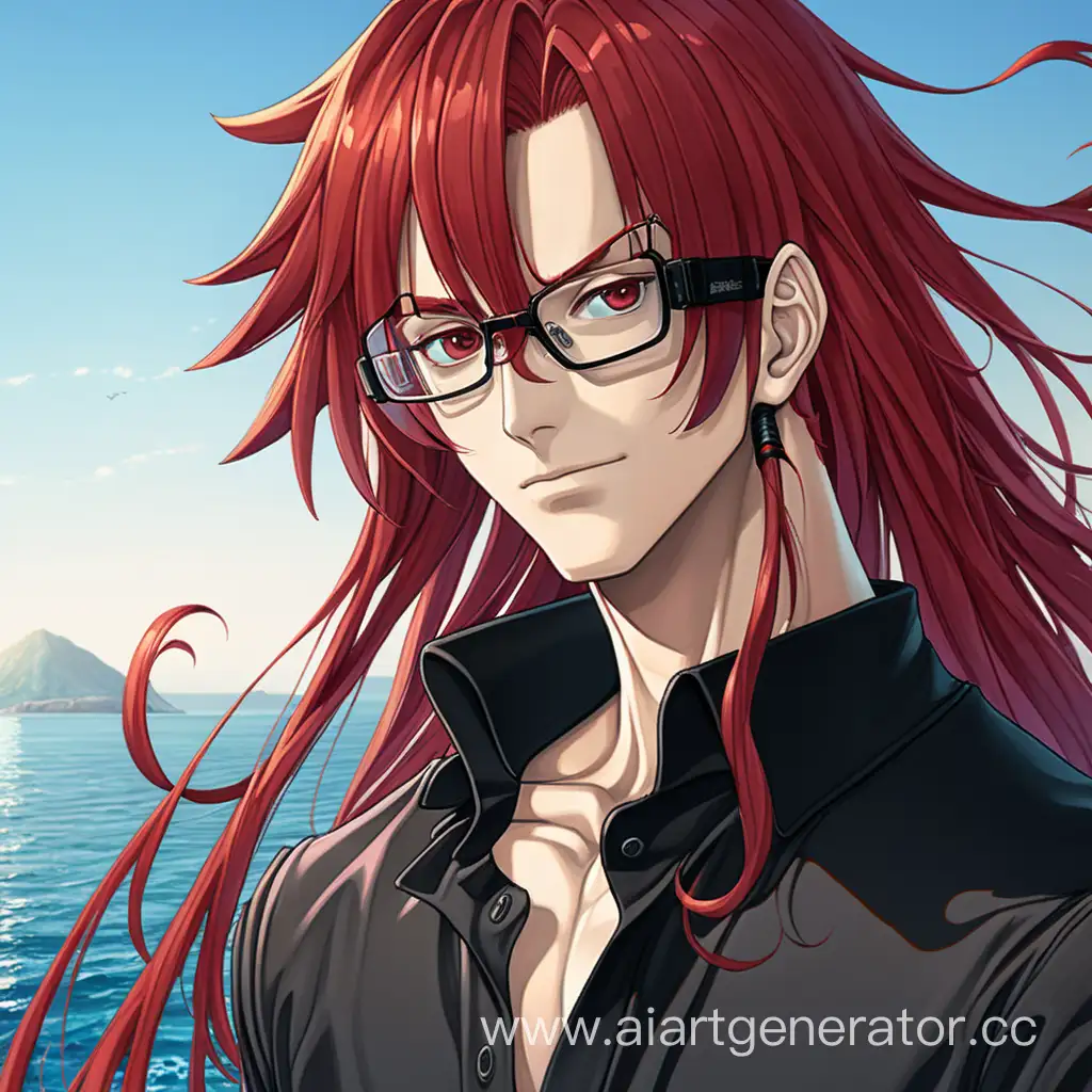 Аниме мужчина, одетый в черную рубашку на фоне моря, с роботизированными глазами и  очками на них и длинными красными волосами