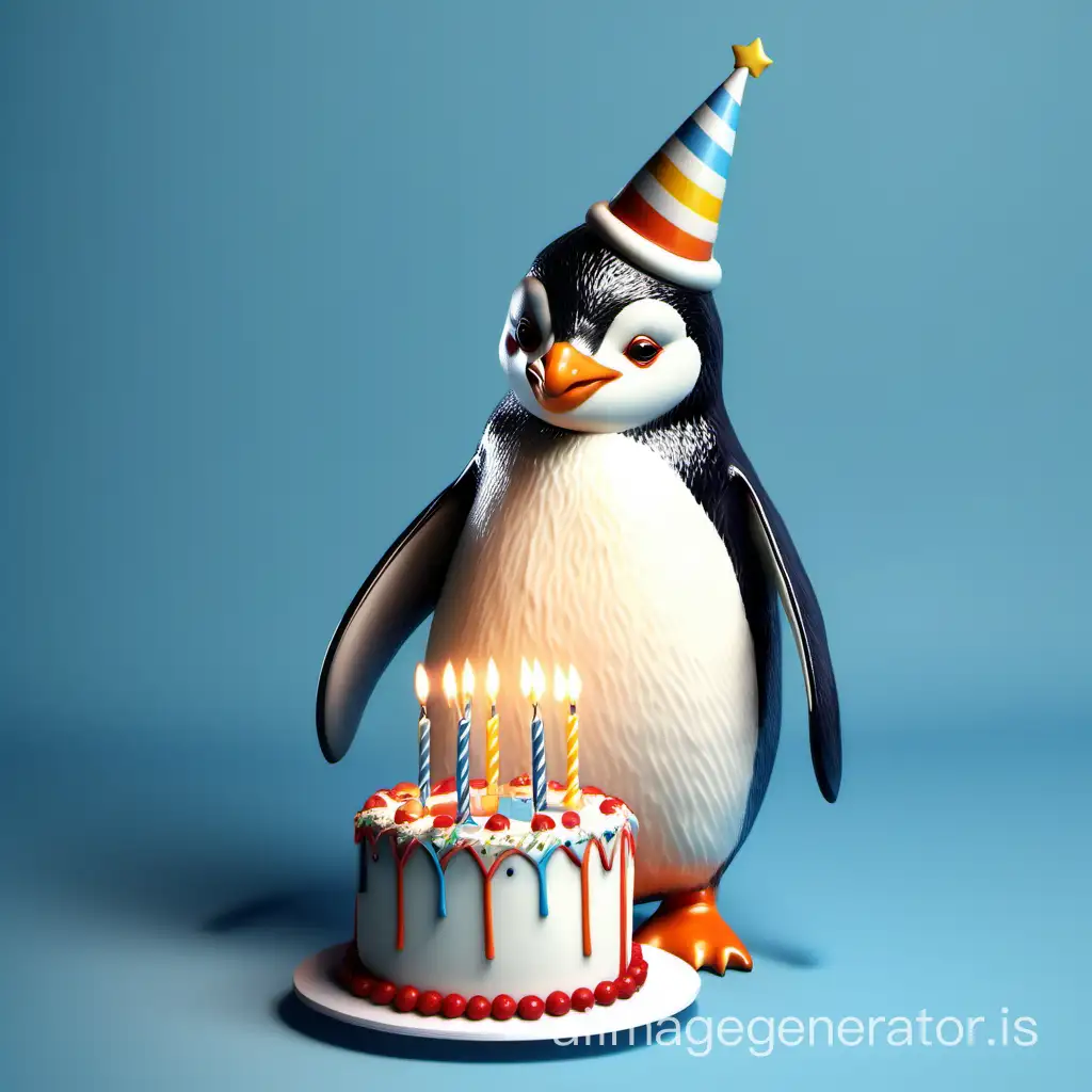 Penguin with a birthday cake realistic