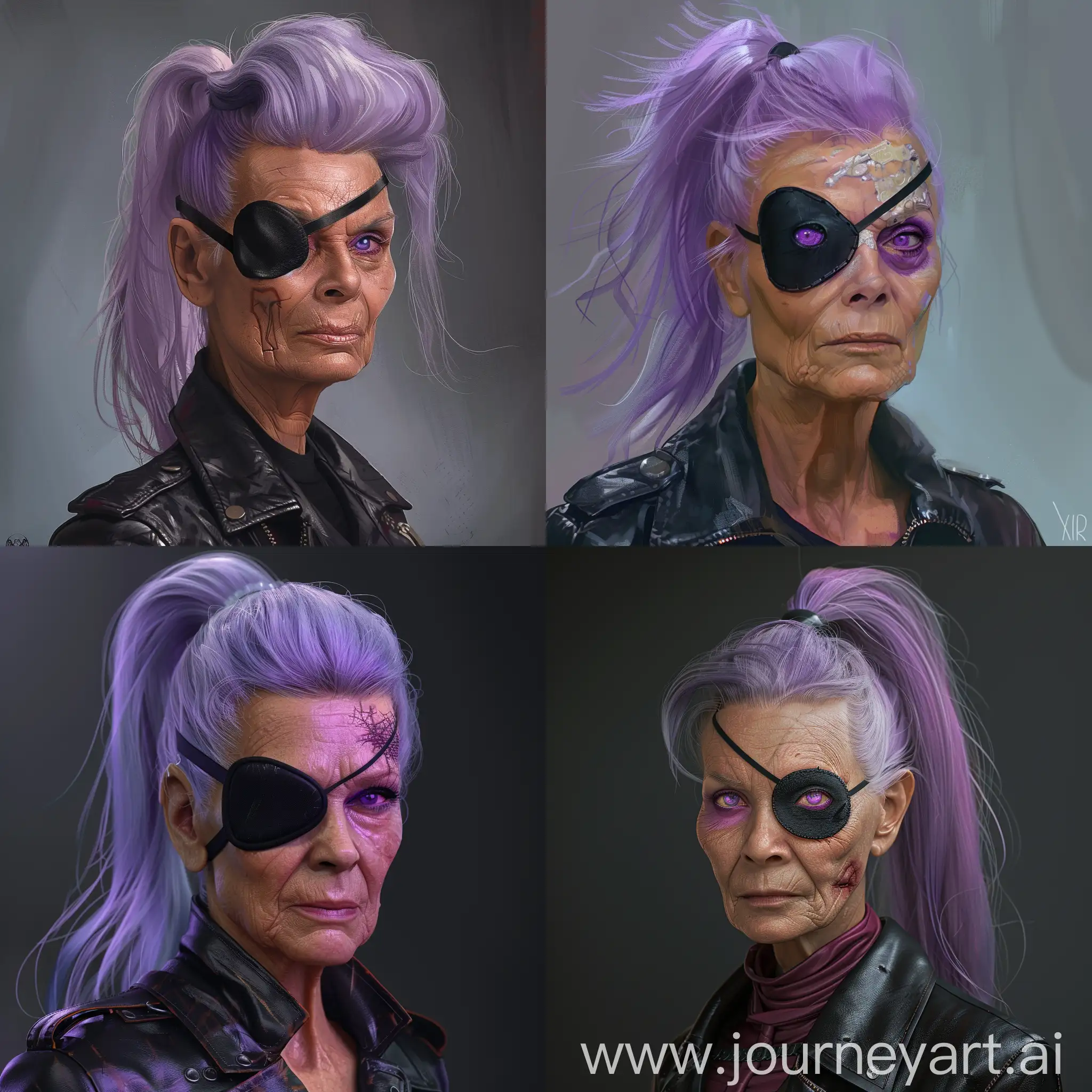 Cool-MiddleAged-Woman-with-Purple-Ponytail-and-Eyepatch-in-Leather-Jacket