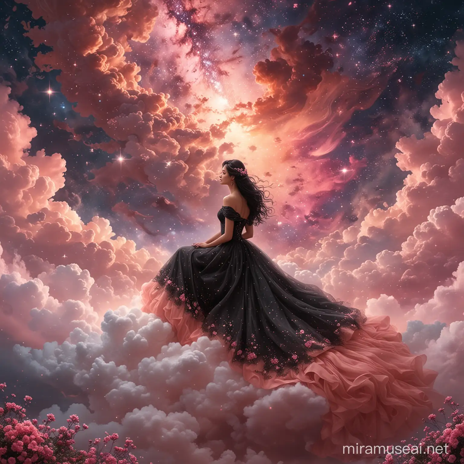 Ethereal Bride in Celestial Splendor with Telescope Amongst Nebula Blossoms