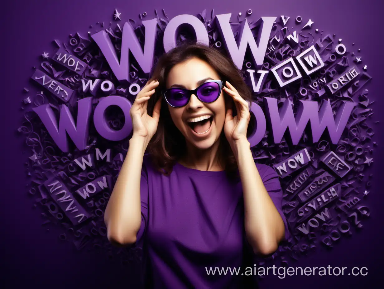 Excited-Woman-in-Dark-Glasses-Surrounded-by-Expressive-Inscriptions-on-Purple-Background