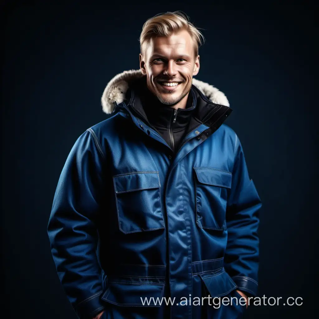 Photo of a strong and handsome scandinavian man, wearing beautiful warm insulated workwear in black and blue. He stands confidently with a smile, captured in a front view, full-length view. The image is of 4k quality, with high dramatical lighting that enhances the details and textures of the clothing.